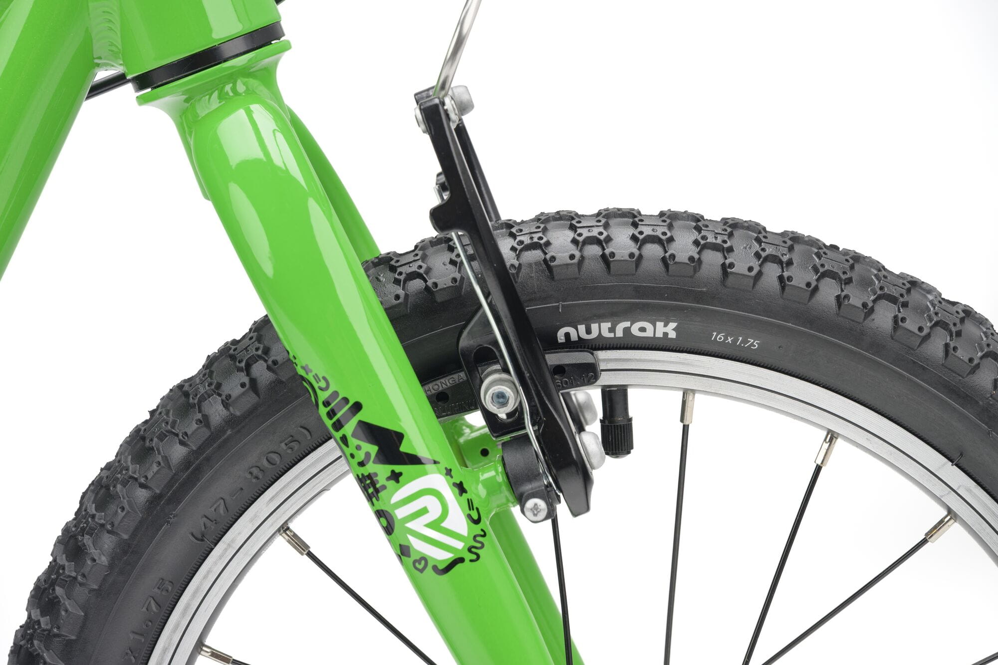 Green Ridgeback MX16 kids bike with 16-inch wheels, adjustable frame, suitable for ages 3.5 to 6, detailed view of the bike frame.