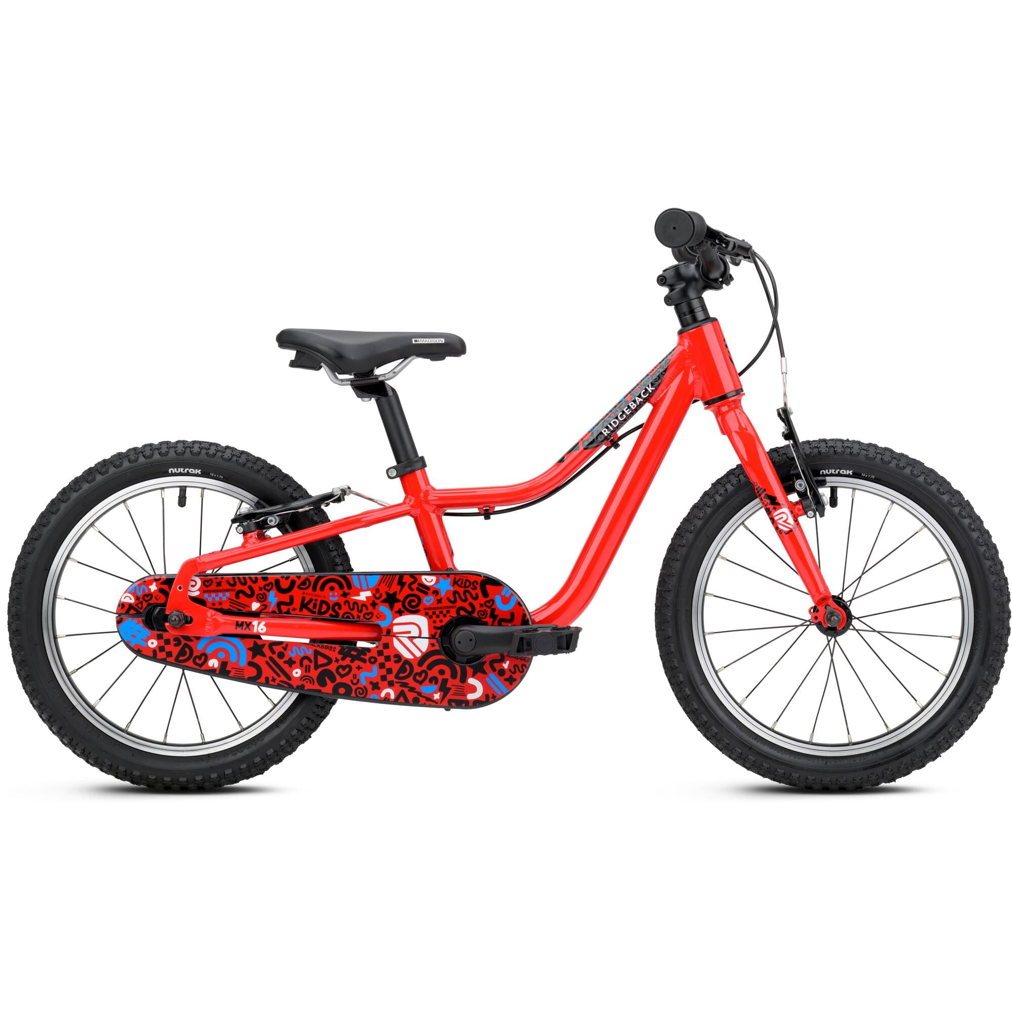 Red Ridgeback MX16 Kids Bike with 16-inch wheels, adjustable frame for ages 3.5 to 6, featuring safety grips and training wheels.