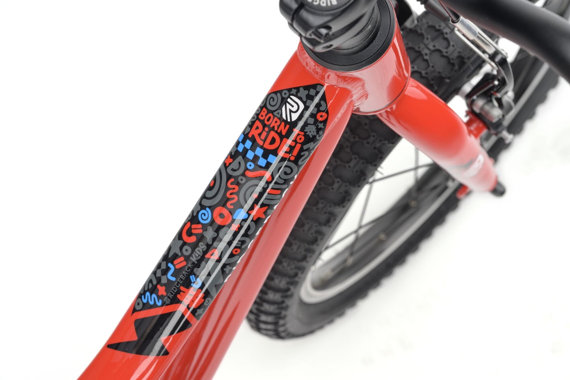 Red Ridgeback MX16 Kids Bike with adjustable 16-inch wheels, suitable for children aged 3.5 to 6 years, close-up of frame details.