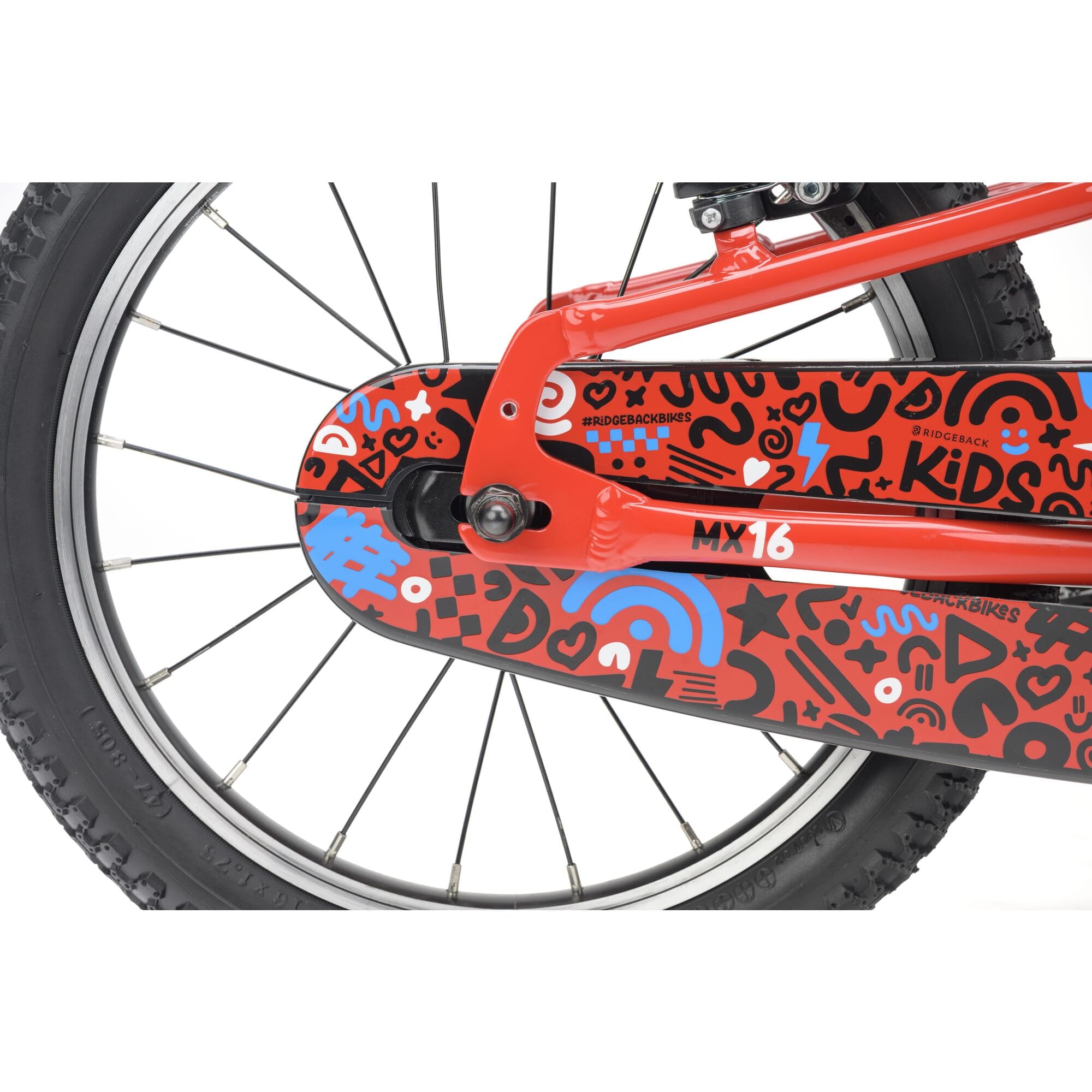Red Ridgeback MX16 kids bike with adjustable 16-inch wheels, suitable for children aged 3.5 to 6 years, detailed close-up view.