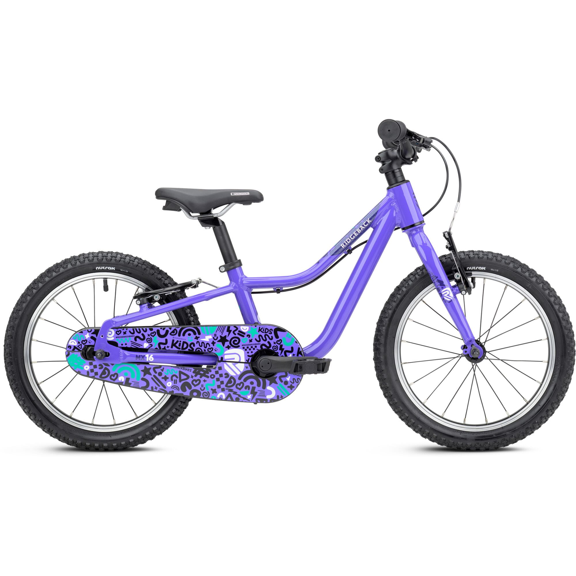 Ridgeback MX16 kids bike with lilac frame, 16-inch wheels, adjustable seat for ages 3.5 to 6 years, detailed close-up.