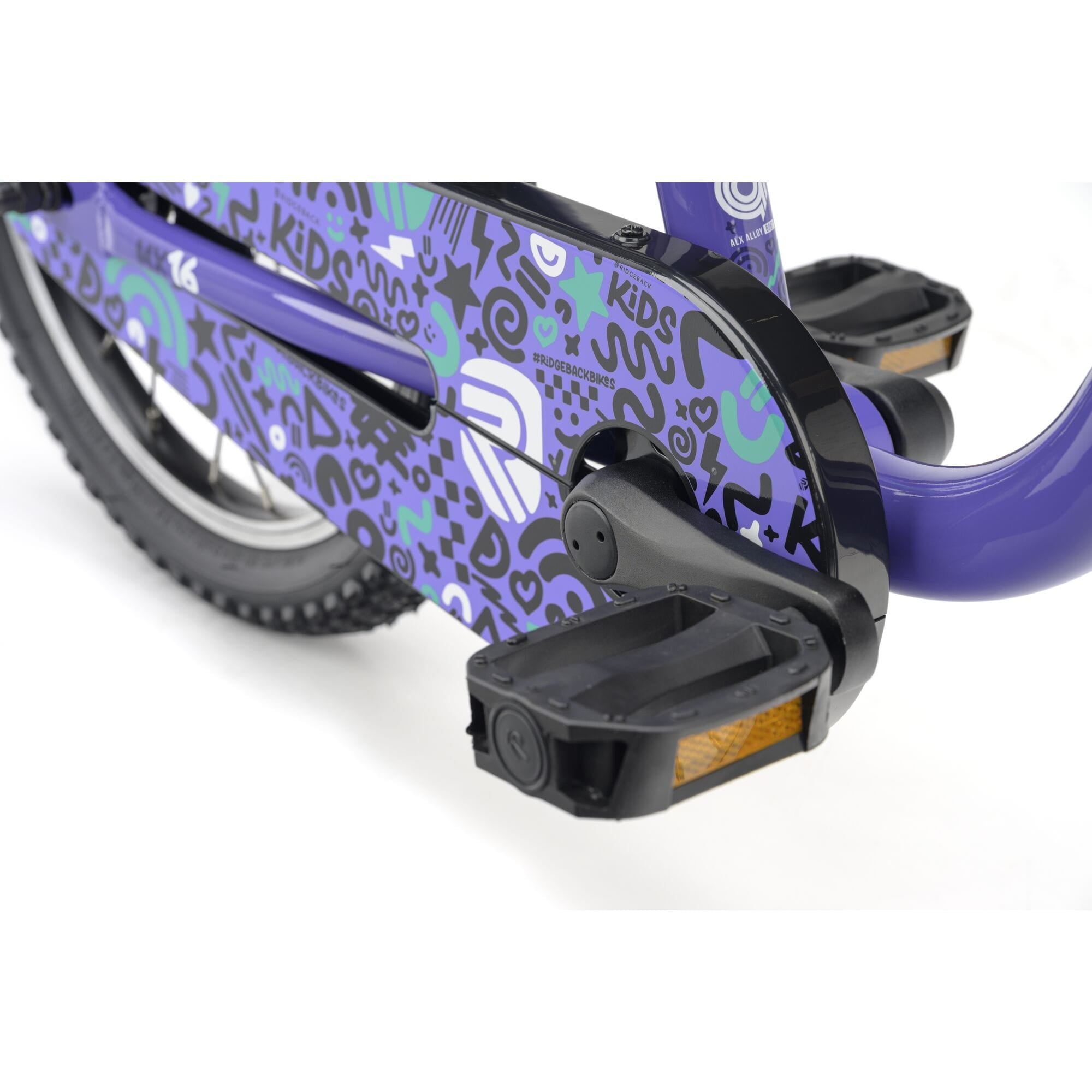 Ridgeback MX16 Kids Bike with 16-inch wheels, lilac color, adjustable frame for children aged 3.5 to 6 years, detailed view.