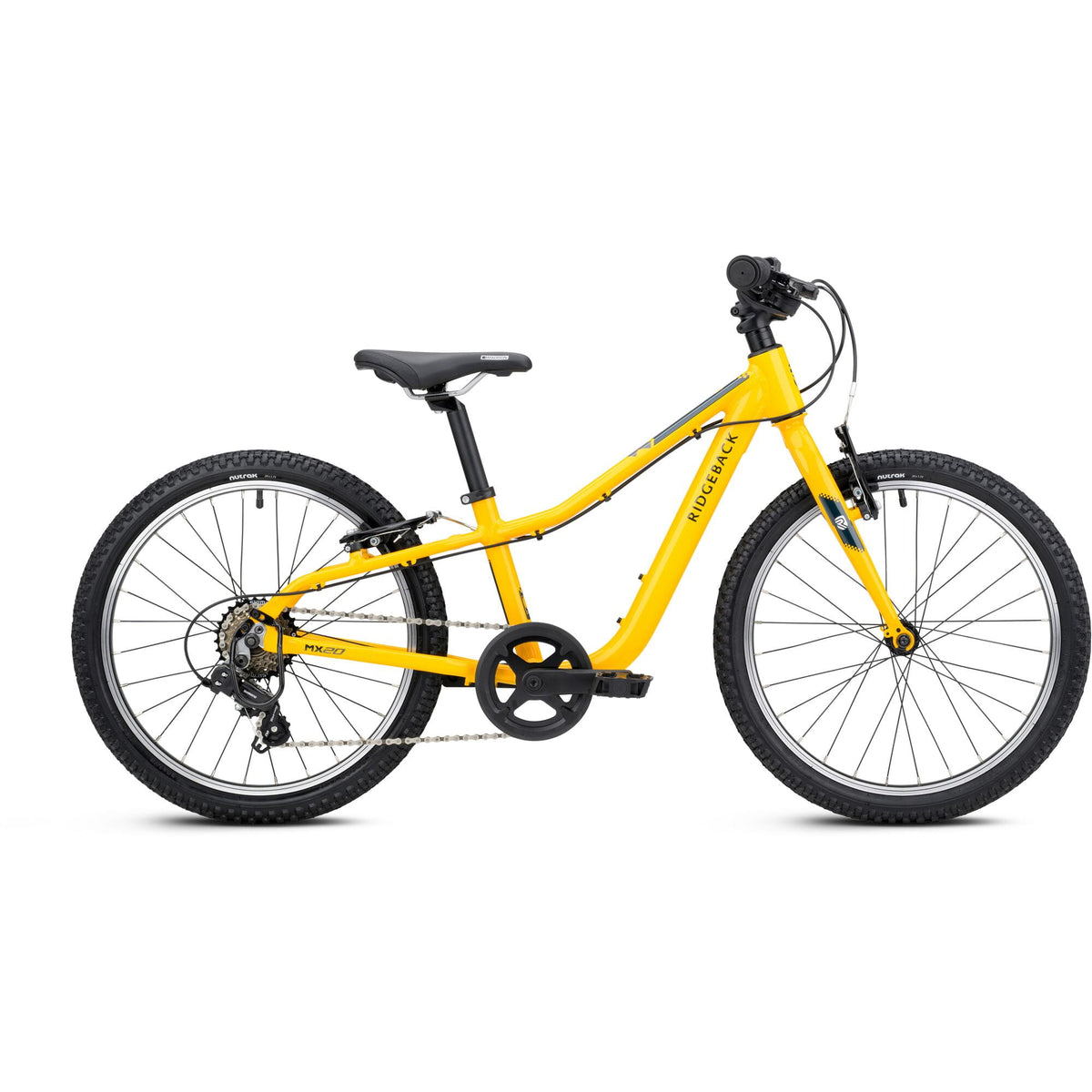 Yellow Ridgeback MX20 kids' bike with adjustable 7-speed gear system, designed for children ages 5½+ for outdoor riding.