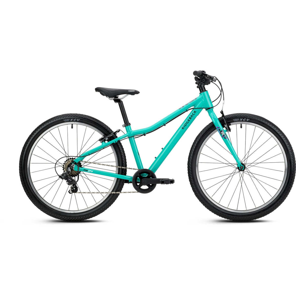 Ridgeback MX24 kids bike with 24-inch alloy frame, mint color, 7-speed gear for children aged 8 and up.