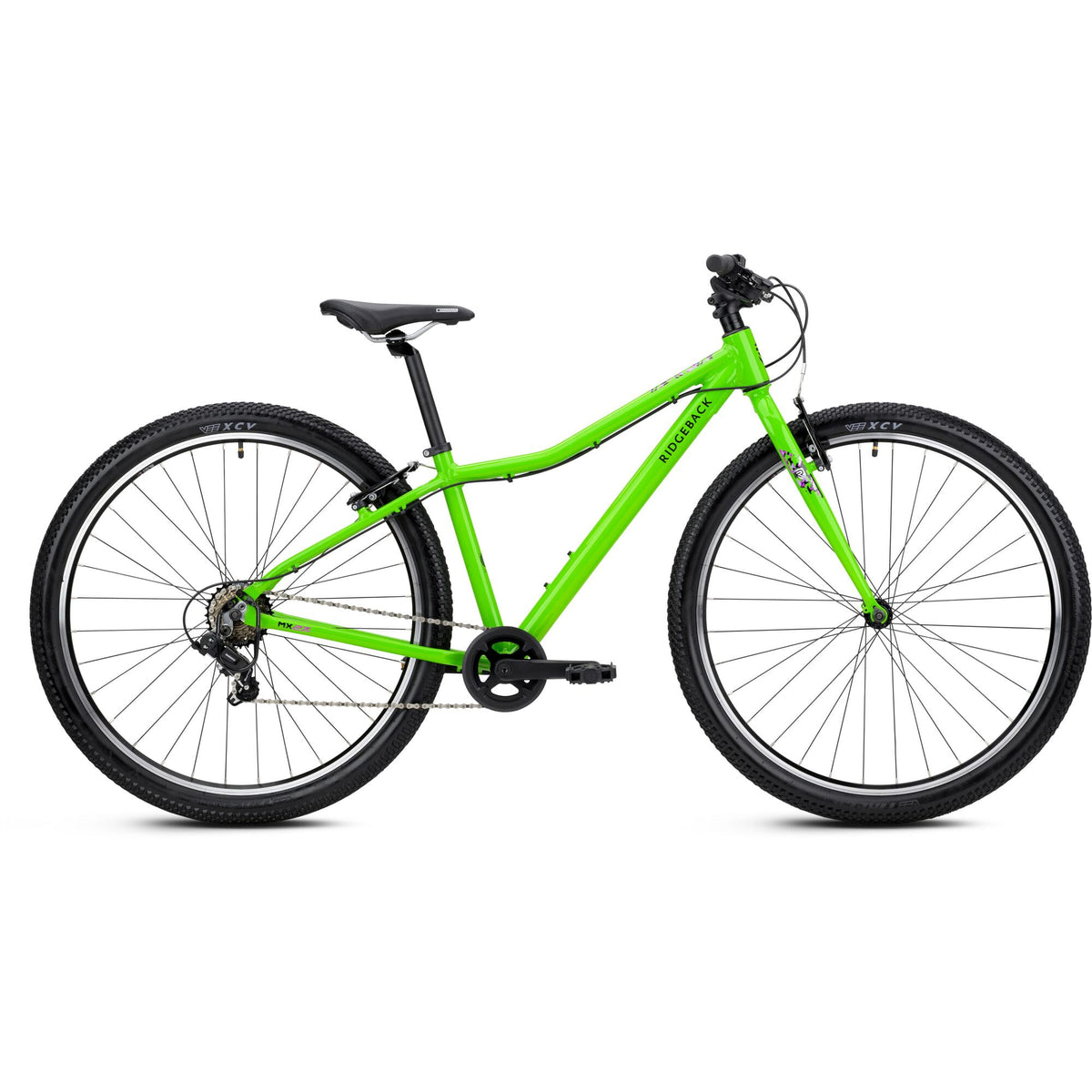 Green Ridgeback MX27 kids' bike with 27.5-inch wheels, adjustable fit, suitable for ages 11 and up, detailed view.