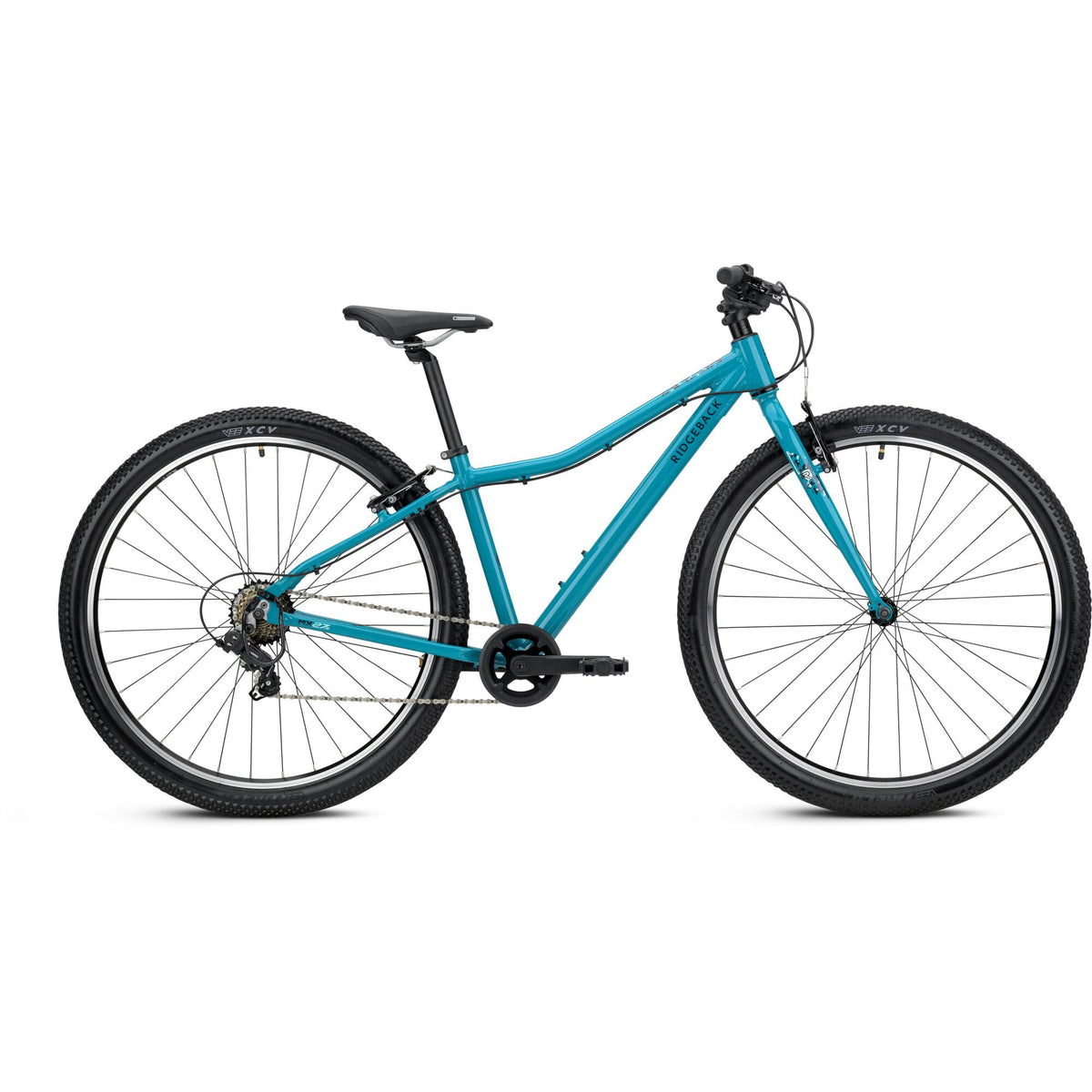 Ridgeback MX27 Kids Bike in teal with 27.5-inch wheels, adjustable fit, suitable for ages 11 and up, close-up detail image.