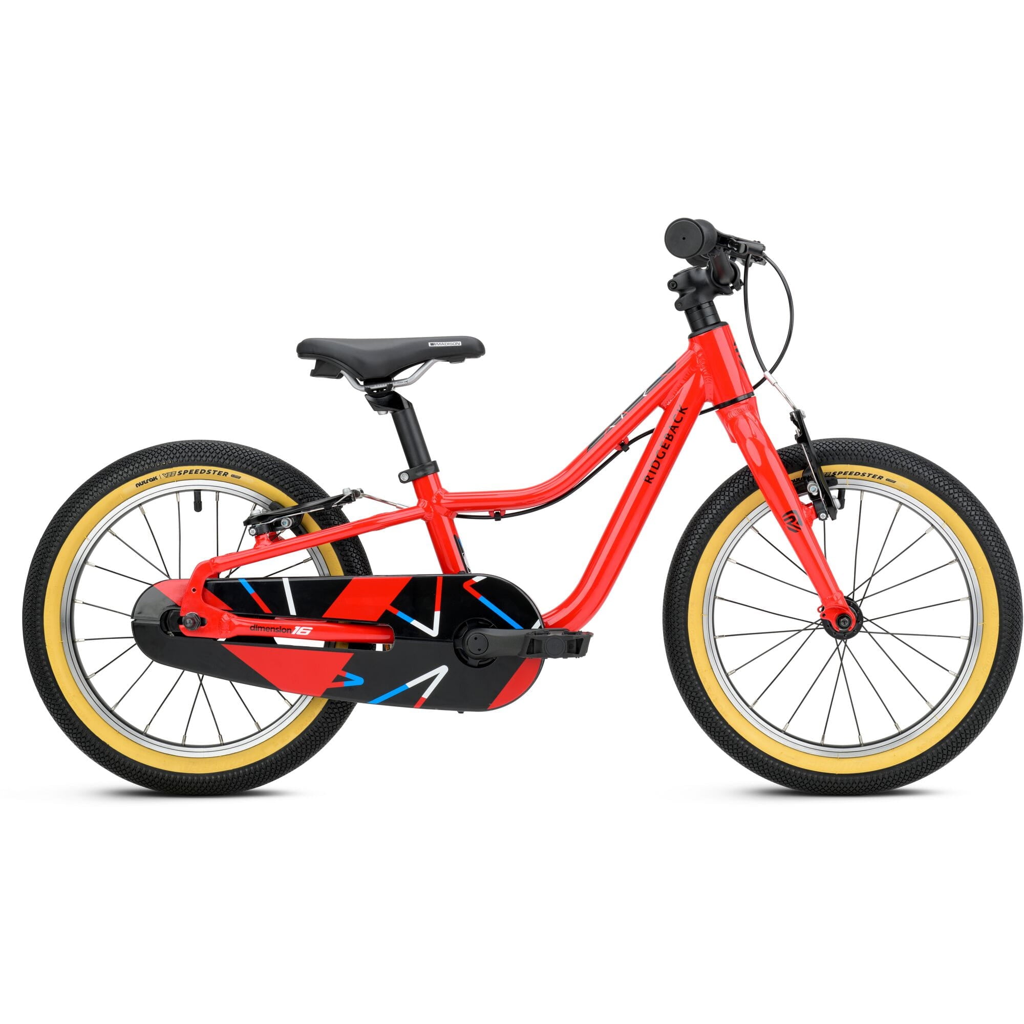 Red Ridgeback Dimension 16 kids' bike for ages 3½ to 6, featuring lightweight frame and adjustable components for young riders.