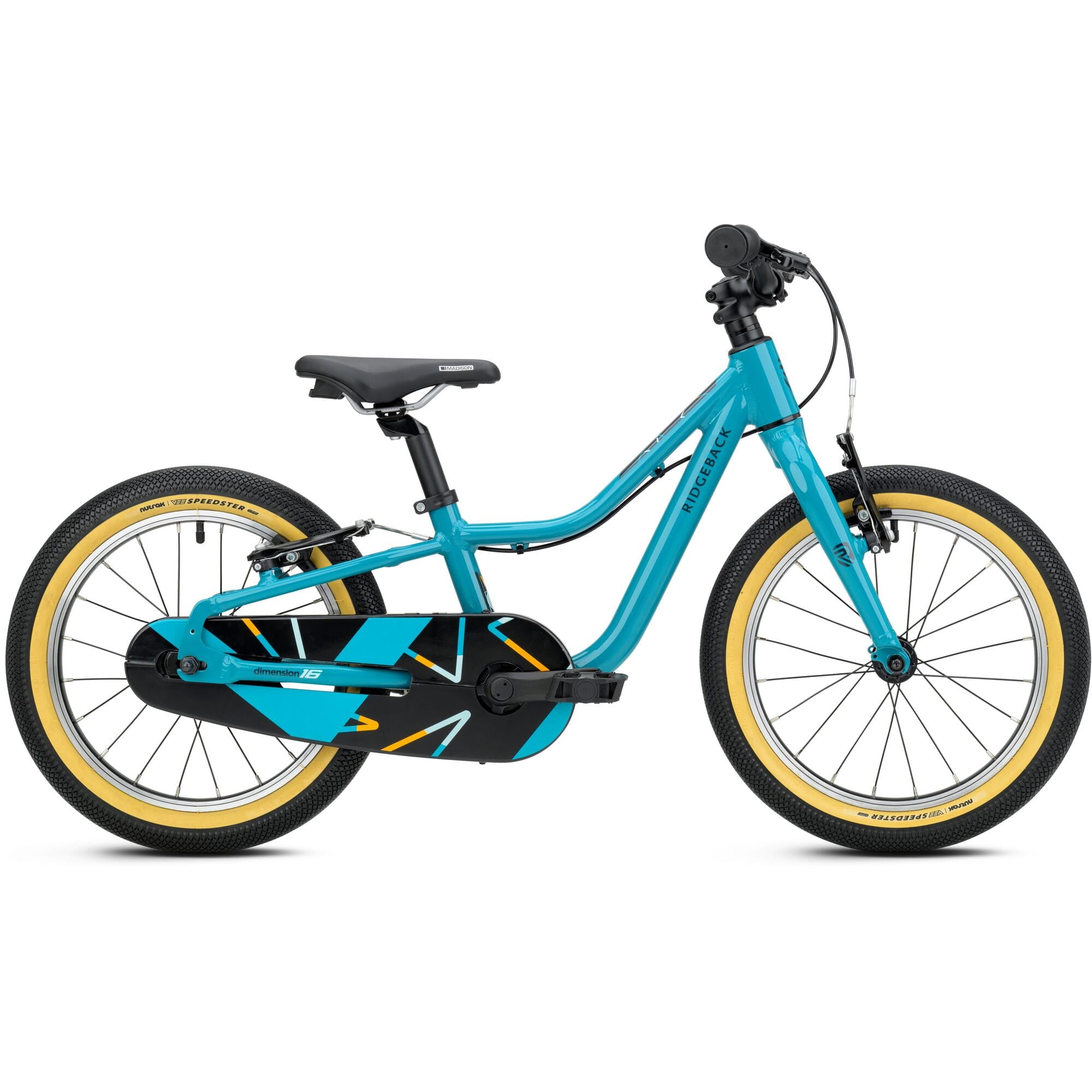 Ridgeback Dimension 16 kids bike in teal with adjustable lightweight frame for children aged 3½ to 6 years.