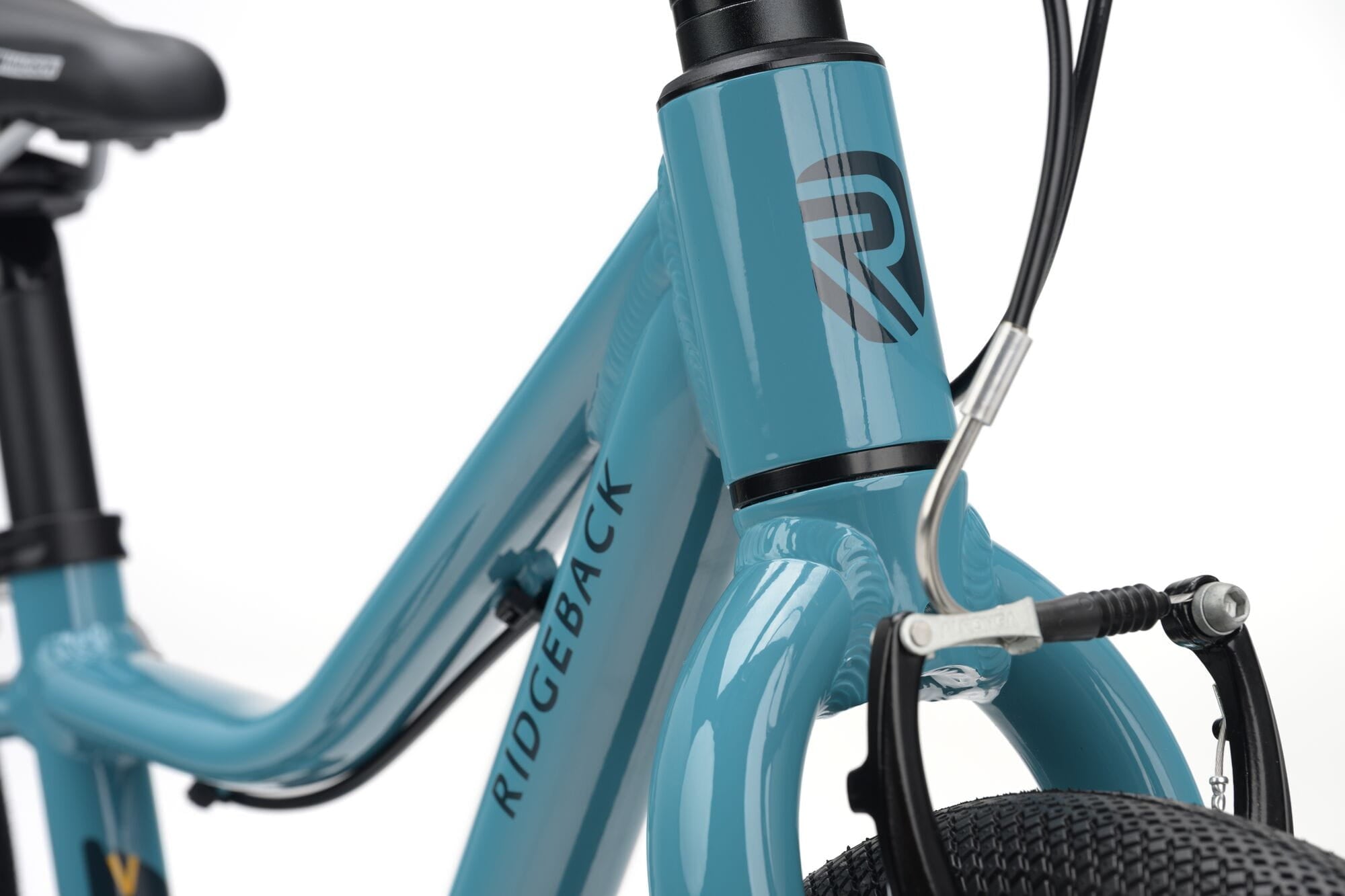 Ridgeback Dimension 16 kids bike in teal, lightweight frame, adjustable for children aged 3.5 to 6 years, detailed close-up image.