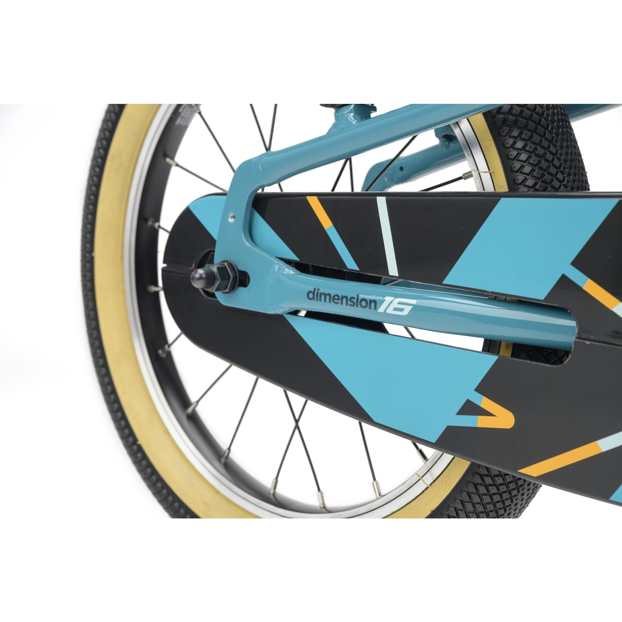 Ridgeback Dimension 16 kids' bike in teal, lightweight frame, adjustable for ages 3.5 to 6 years, detailed close-up.
