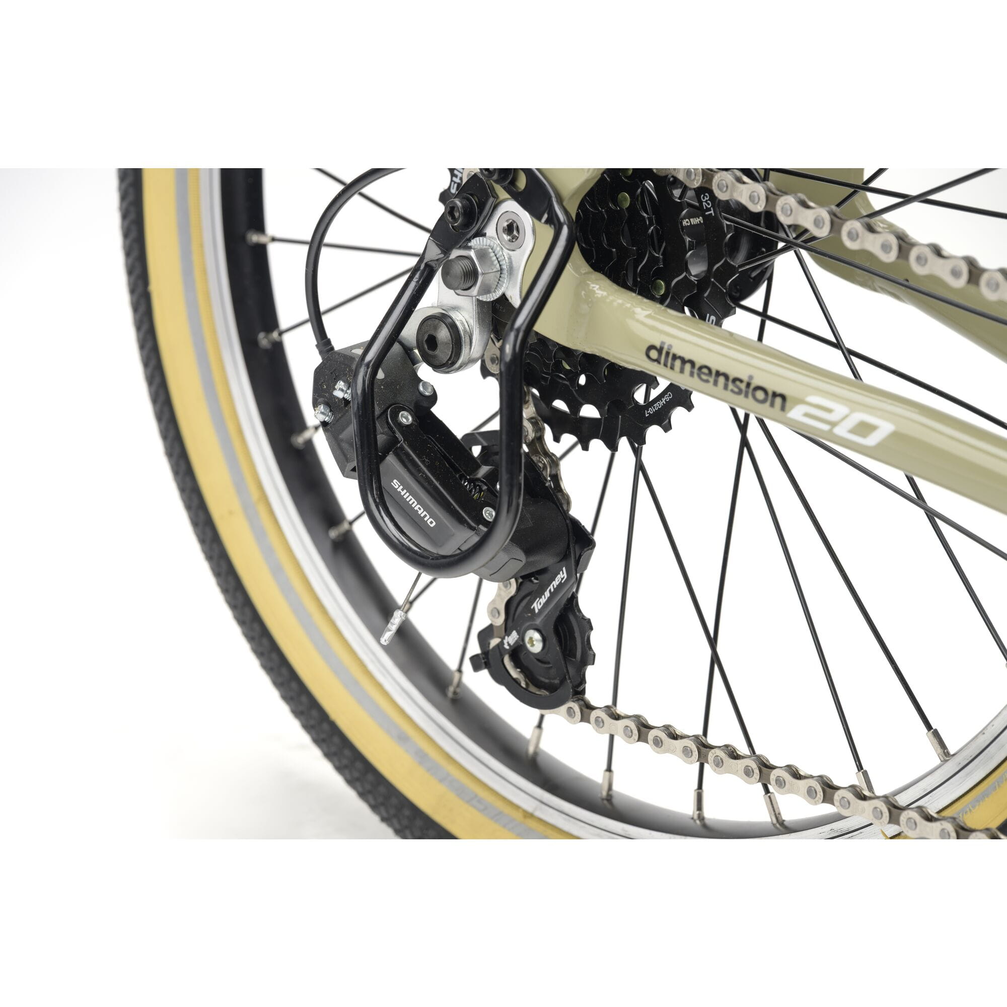 Ridgeback Dimension 20 Kids Bike with 7-speed Shimano gears for ages 5+ in sandy color, featuring a sturdy frame and ergonomic design.