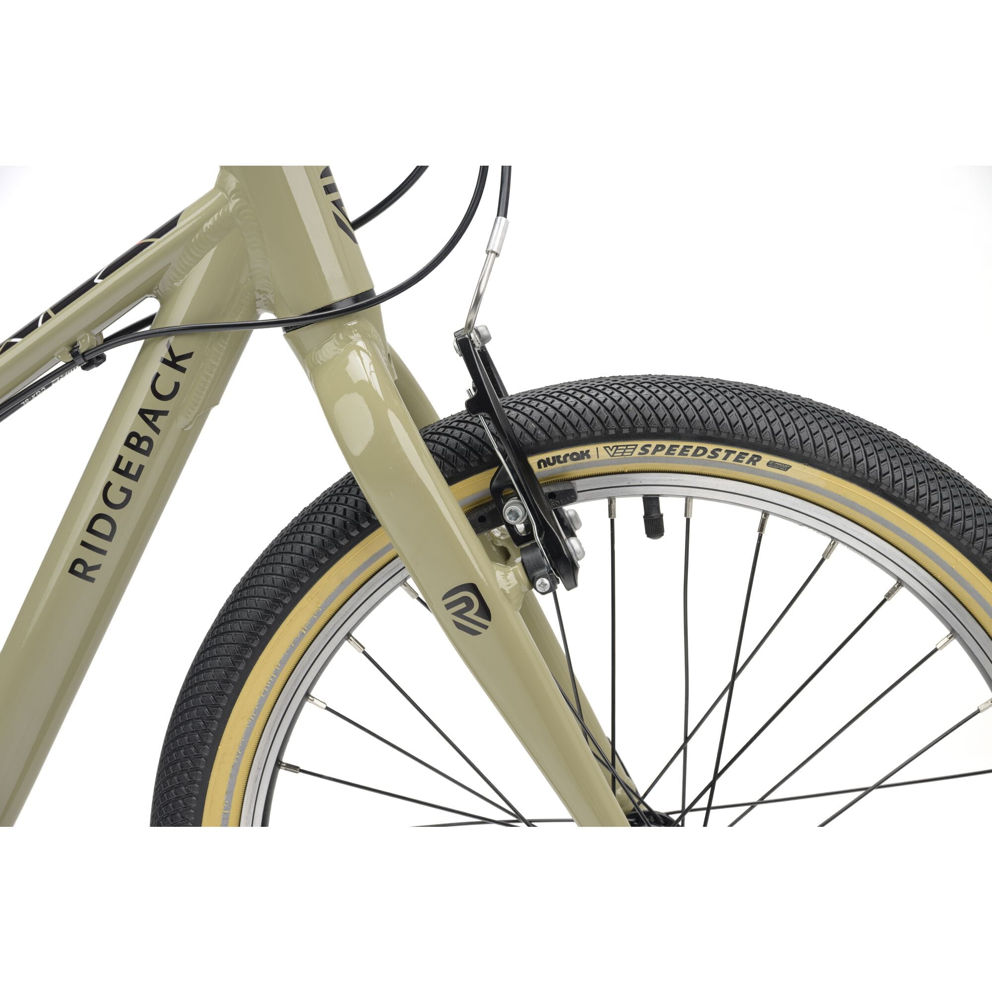 Ridgeback Dimension 20 Kids Bike with 7-speed Shimano gears, sandy color, suitable for ages 5 and up, front and side view.