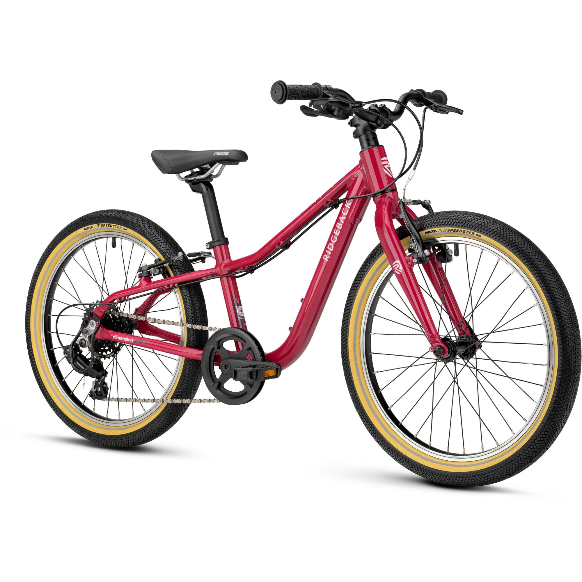 Ridgeback Dimension 20 Kids Bike with 7-speed Shimano gears, plum color, suitable for children ages 5 and up.