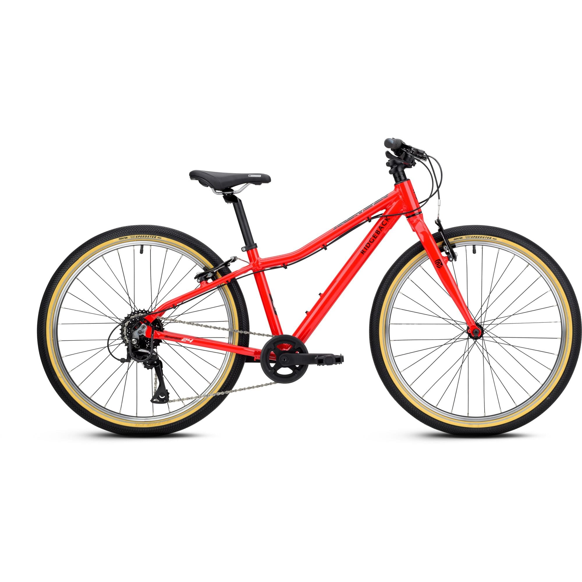 Ridgeback Dimension 24 kids' bike in red with 8-speed Shimano gears and puncture-resistant tires, adjustable for ages 8+.