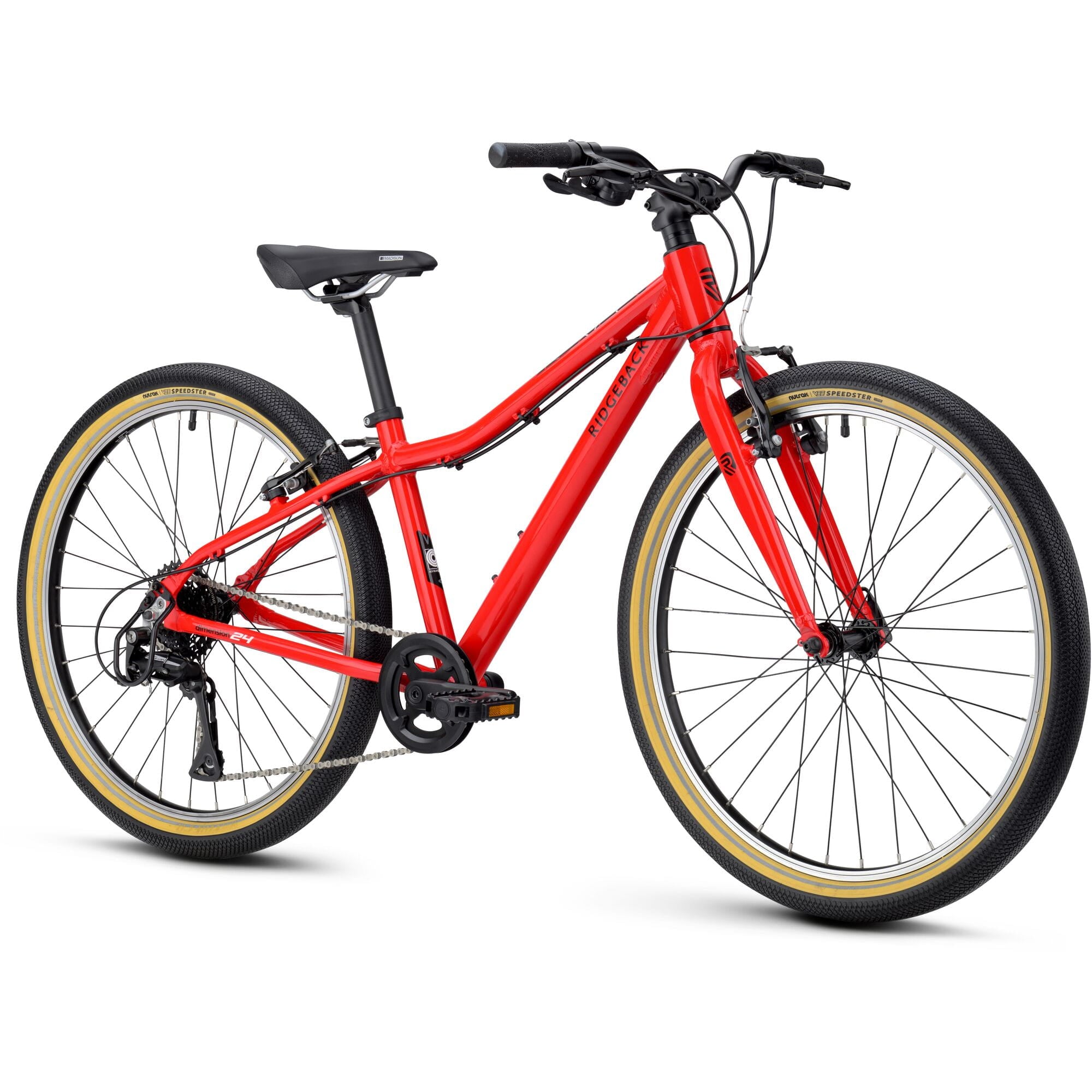Red Ridgeback Dimension 24 Kids Bike with 8-speed Shimano gears and puncture-resistant tires, adjustable for children aged 8+
