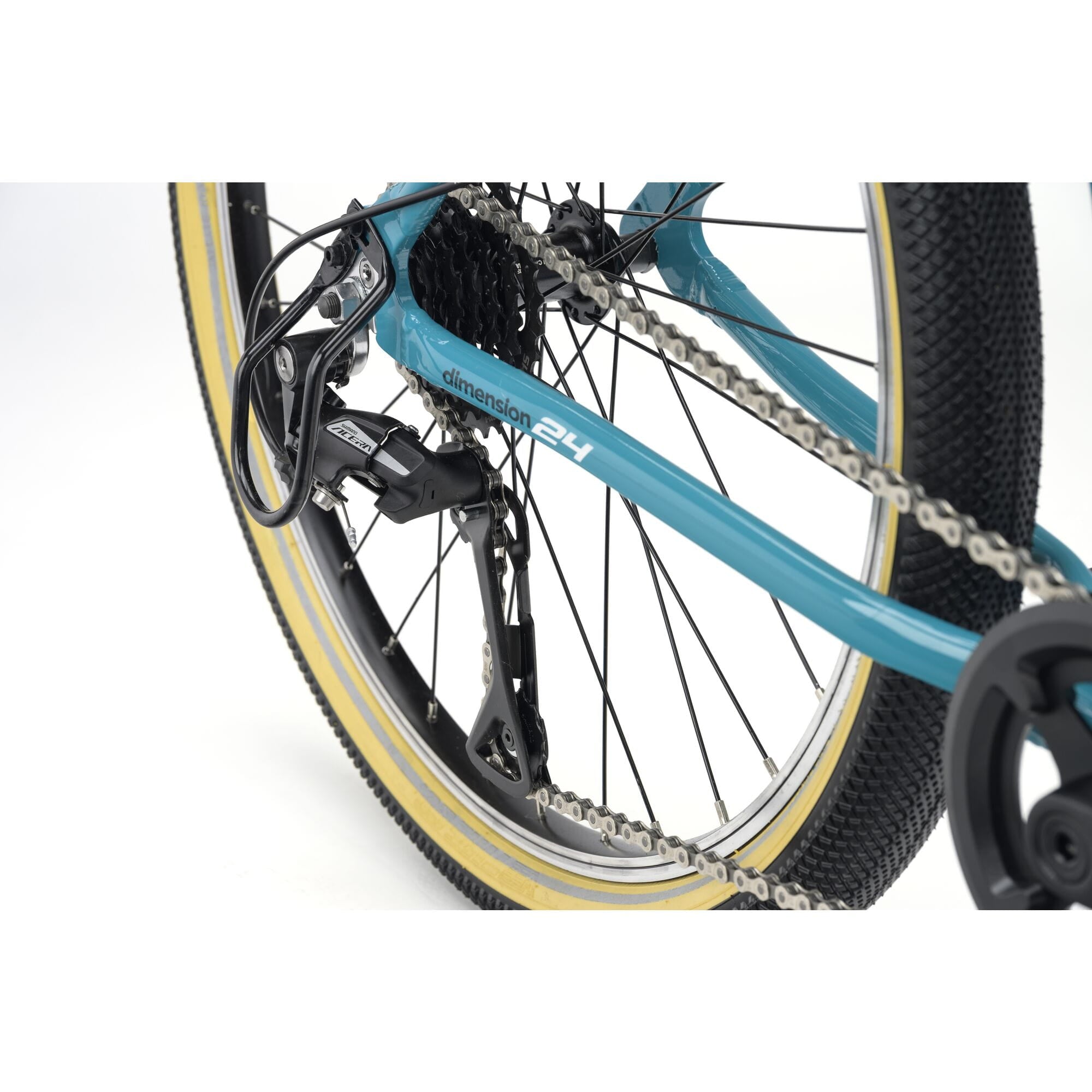 Ridgeback Dimension 24 kids' bike in teal with 8-speed Shimano gears, puncture-resistant tires, adjustable fit for ages 8+