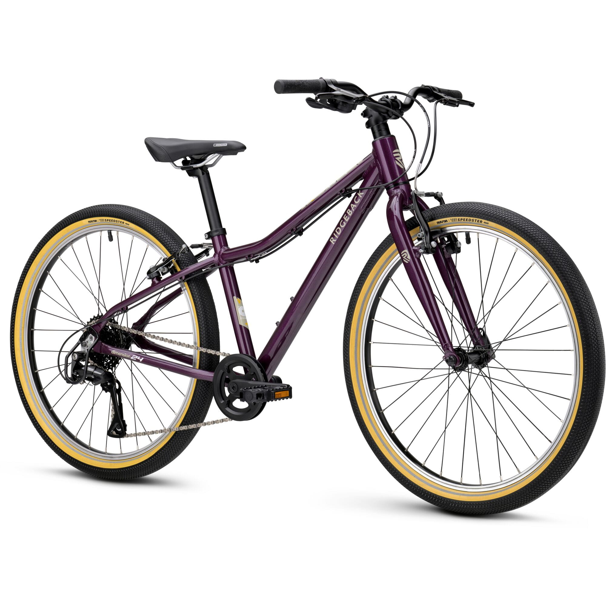 Ridgeback Dimension 24 kids' bike with violet frame, 8-speed Shimano gears, puncture-resistant tires, adjustable fit for ages 8+