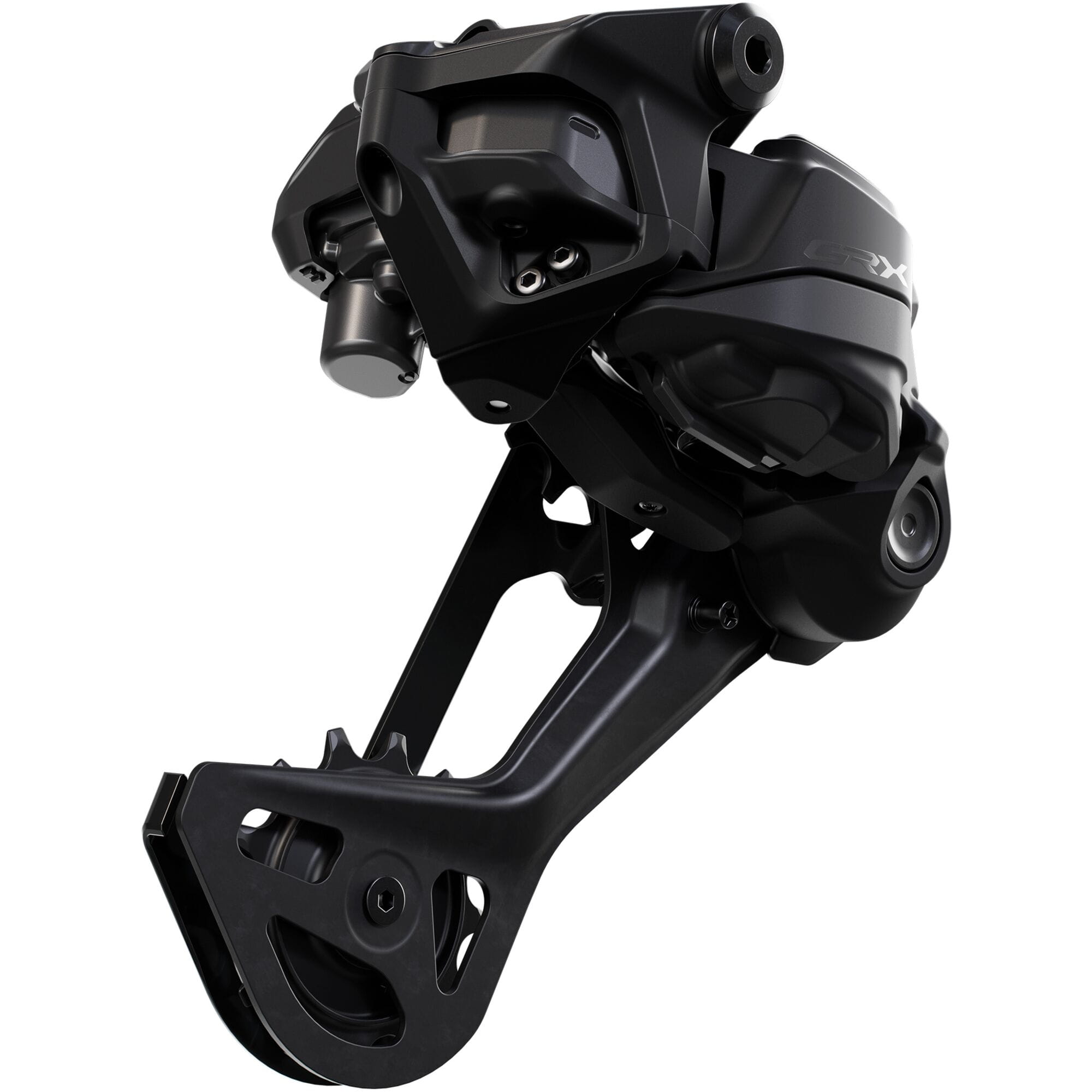 Shimano GRX RD-RX717 Di2 12-speed wireless rear derailleur with long cage for gravel bikes, mounted on a bike frame.