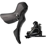 Shimano Tiagra ST-R4020 11-speed STI lever with BR-RS405 hydraulic flat mount caliper kit, showcasing components and brake setup.