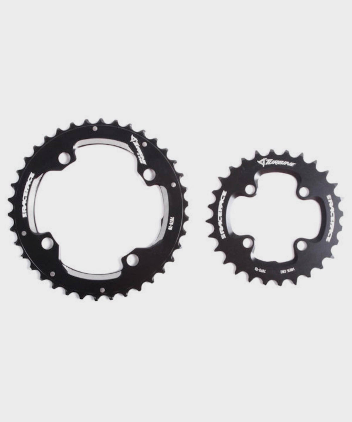 Race Face Turbine 11-speed MTB chainring set with black 104 BCD chainrings for XC, trail, and all-mountain biking.