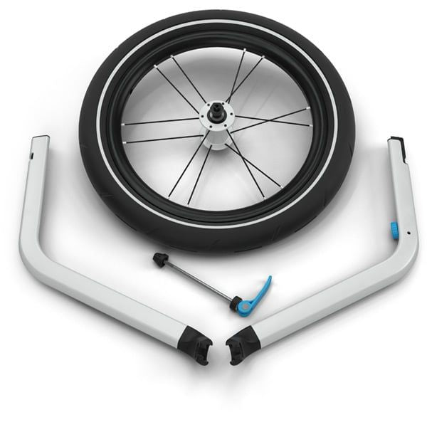 Thule jogging kit for Chariot Cross 2 stroller with front wheel attachment for running or jogging outdoors.