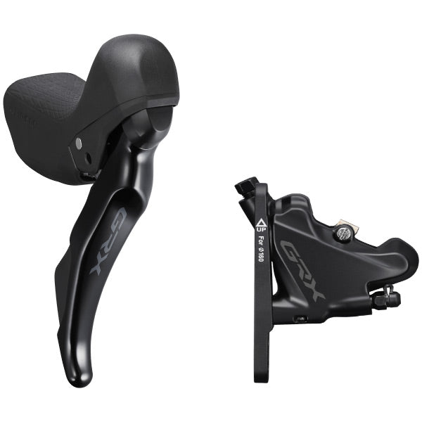 Shimano GRX ST-RX400 hydraulic shifter and BR-RX410 flat mount brake caliper set for the right front bike component.