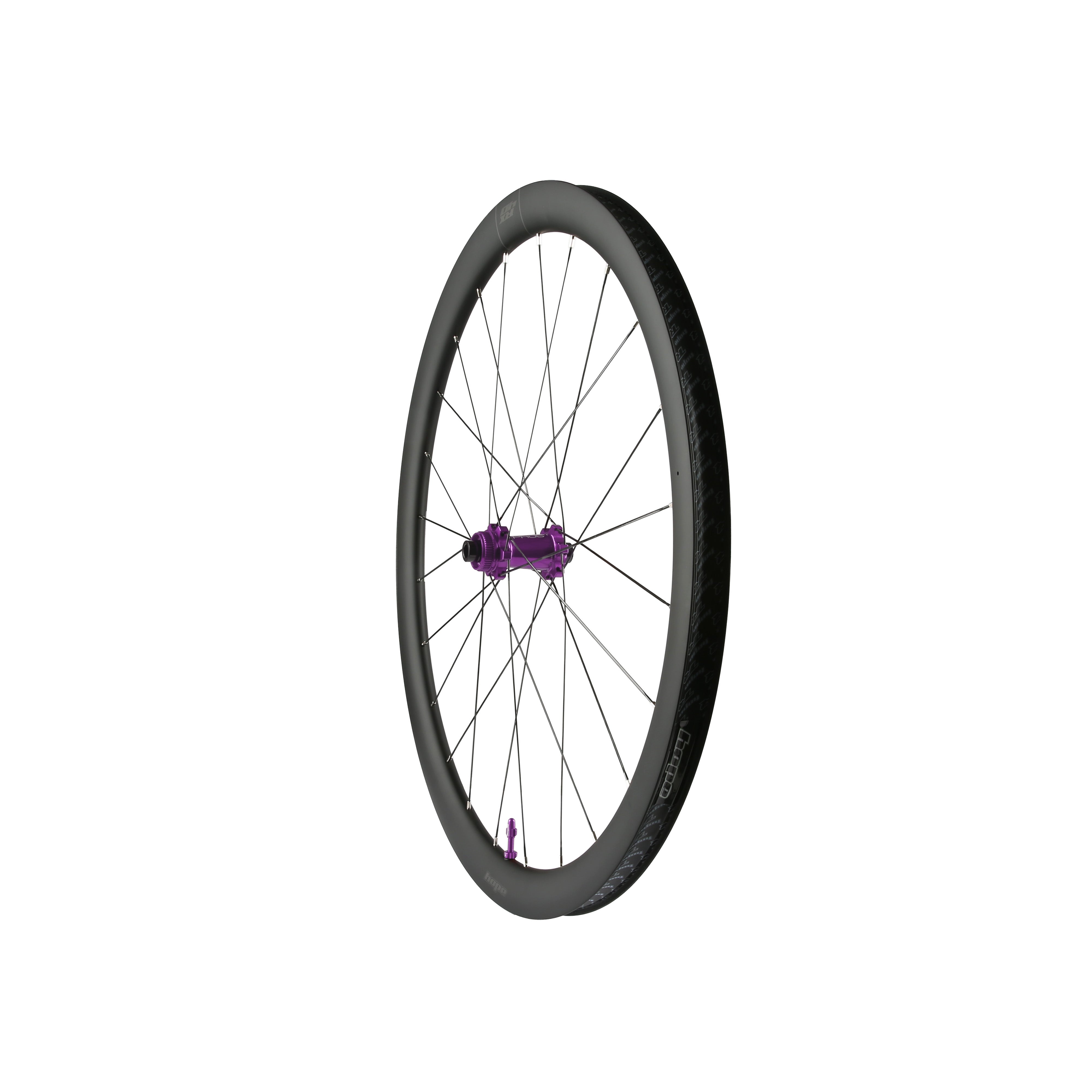 Hope RX40 Carbon Gravel Wheelset 700C front wheel with purple rim, tubeless-ready, 24-hole, centerlock disc brake compatibility.