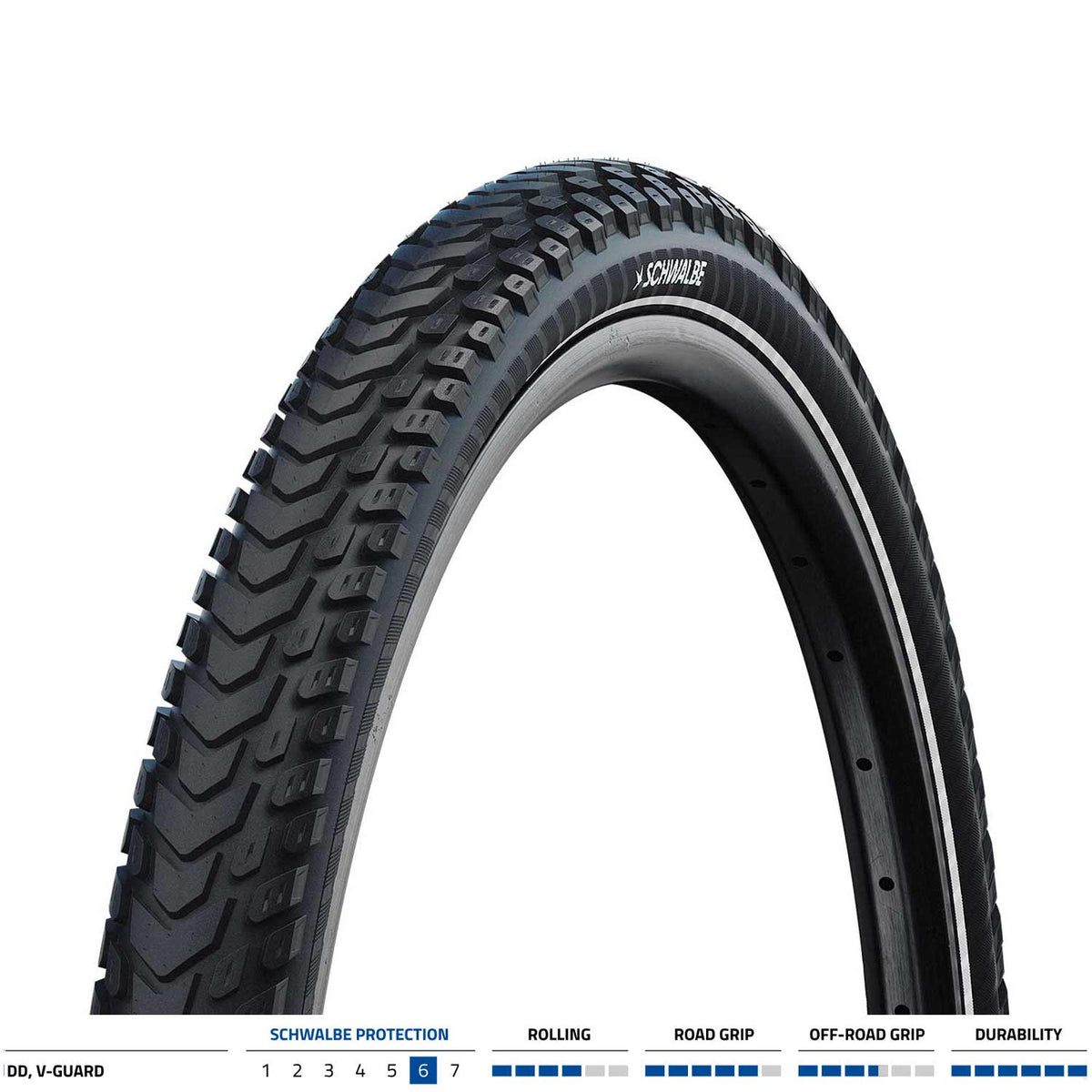 Schwalbe Marathon Mondial V-Guard folding tyre with puncture protection, suitable for e-bikes, showing tread pattern and sidewall details.