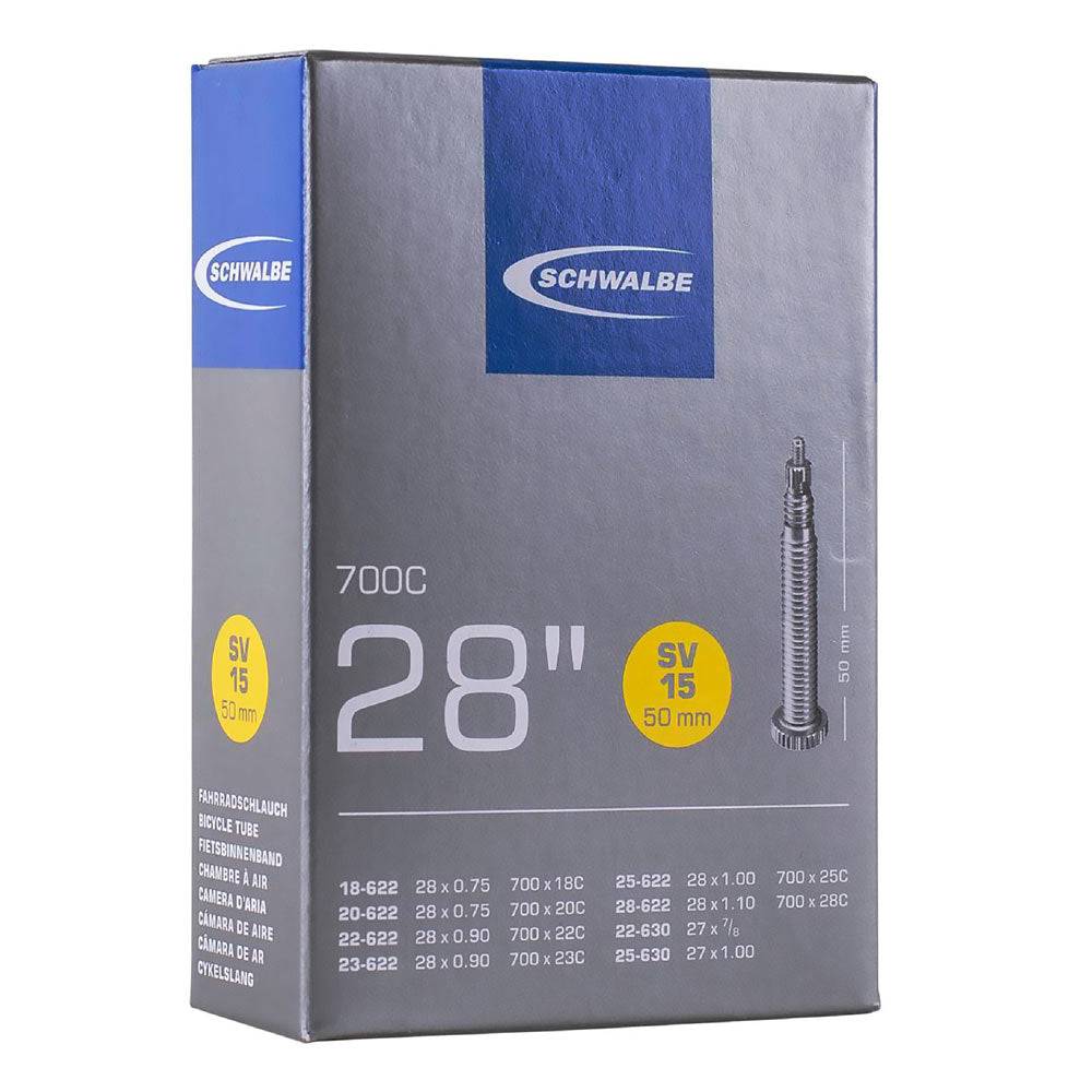 Schwalbe SV Presta valve inner tube for bikes, leak-tested and recyclable, shown with valve and packaging on a plain background.