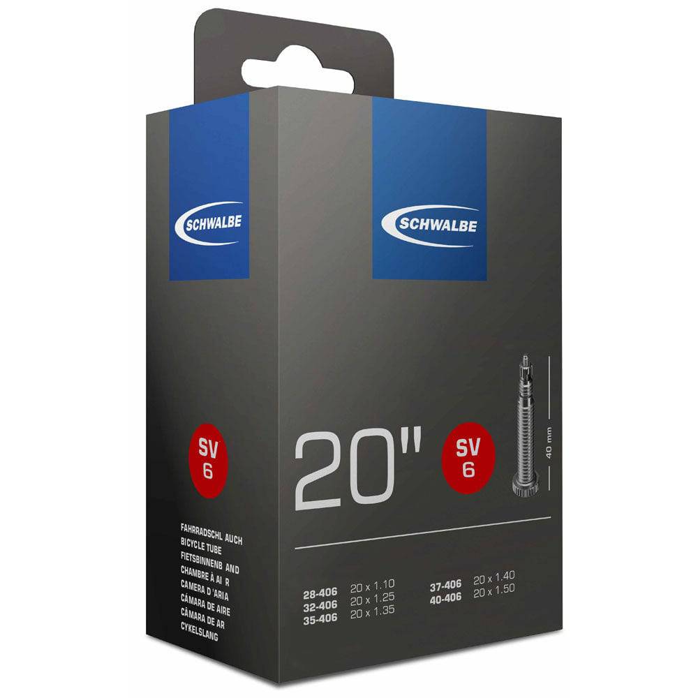Schwalbe SV Presta valve inner tube for bikes, leak-tested and recyclable, shown with valve and packaging details.
