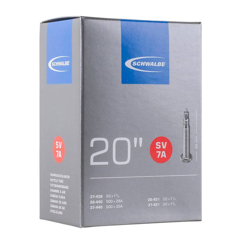 Schwalbe SV Presta valve inner tube for bikes, leak-tested and recyclable, shown with valve and packaging details.