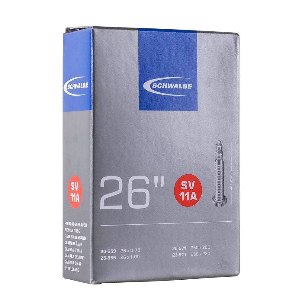 Schwalbe SV Presta valve inner tube for bikes, leak-tested and recyclable, shown with Presta valve in close-up image.