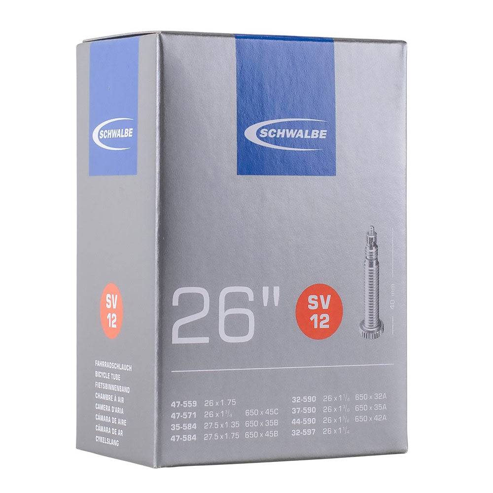 Schwalbe SV Presta Valve inner bike tube, leak-tested and recyclable, shown with valve and rubber tube for bicycle tire repair.