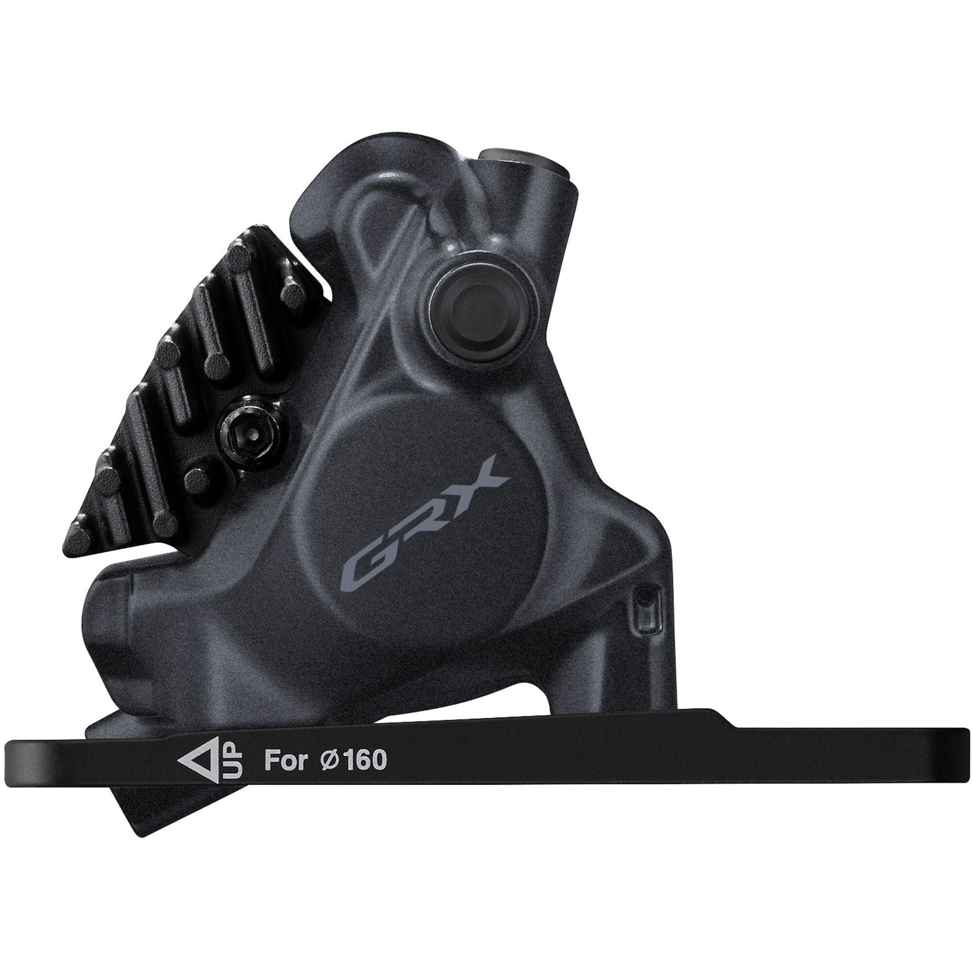 Shimano GRX RX410 front flat mount brake caliper for 140/160mm rotors, shown with mounting hardware and clean finish.
