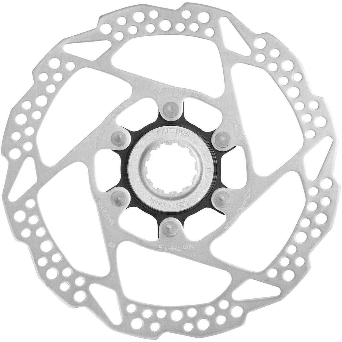 Shimano Tiagra SM-RT54 center lock disc brake rotor with external lock ring for resin brake pads on bicycle wheel.