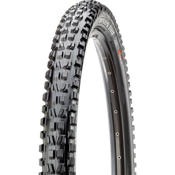 Maxxis Minion DHF 27.5x2.8 MTB tire with tubeless-ready design, dual compound, EXO protection, and folding bead for mountain biking.