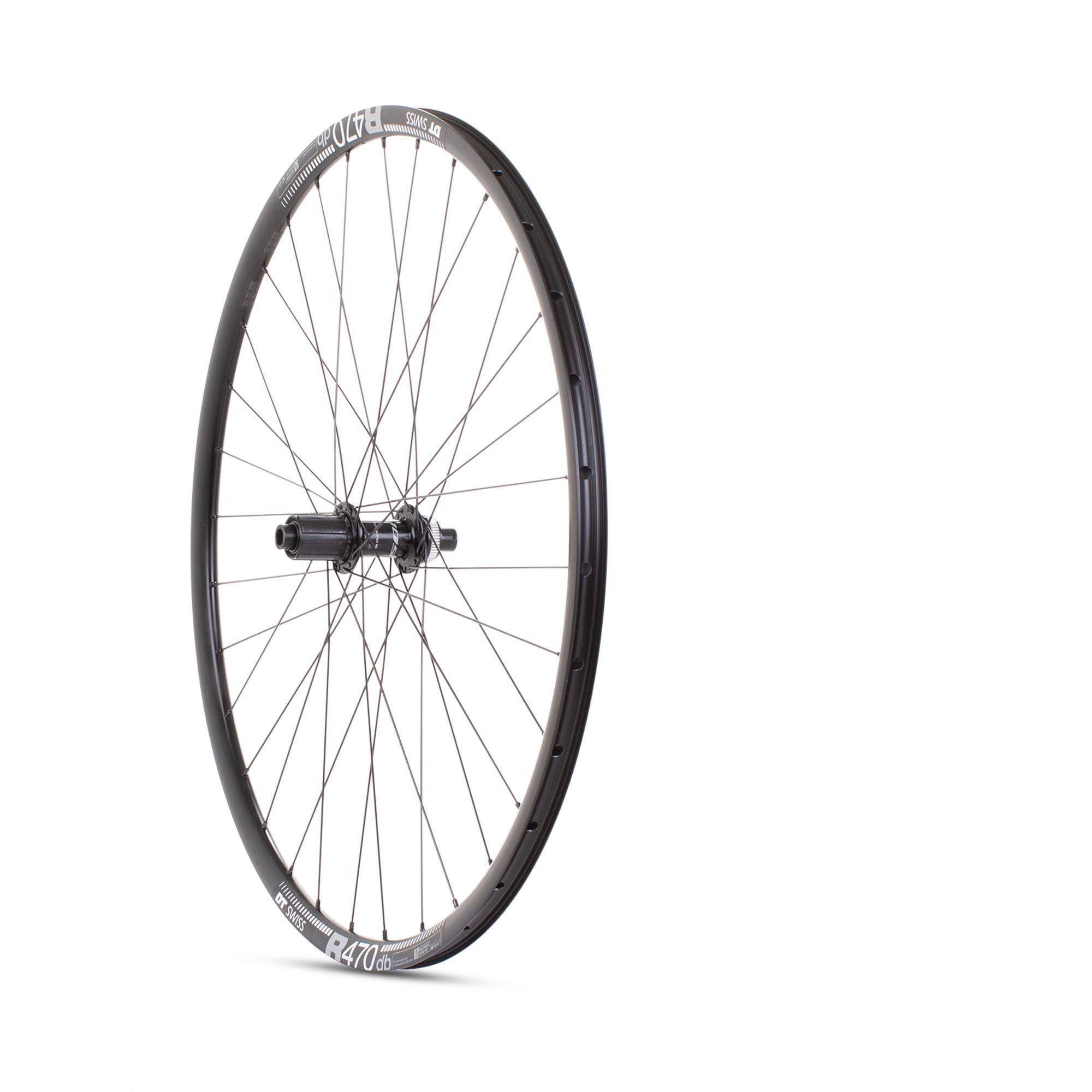 Black M Part Wheels Shimano 105 rear disc wheel with 142x12mm hub and DT R 470 rim for road bikes, 700c size.