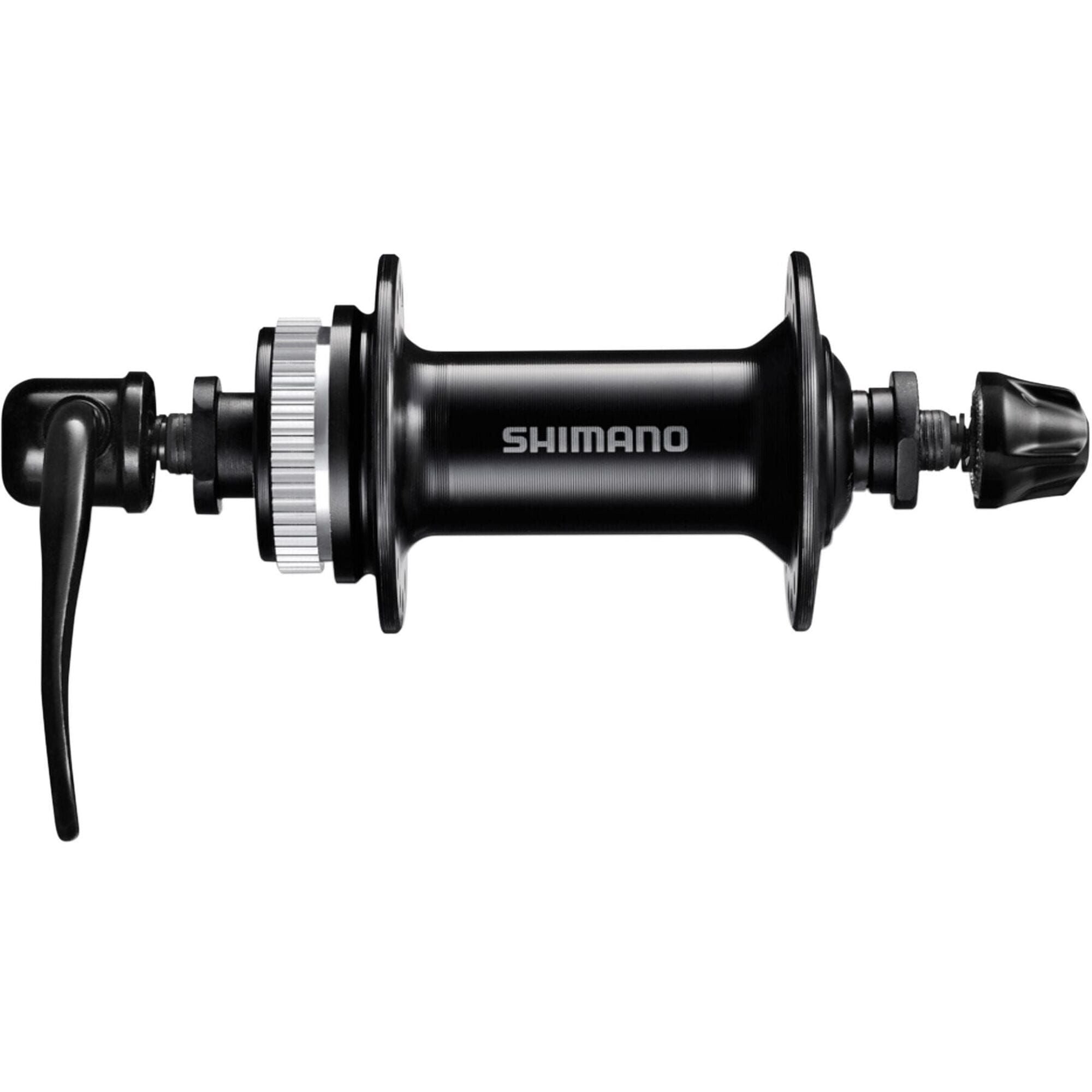 Shimano HB-QC300 front hub with 32H center lock mount and quick release in black, designed for bicycle wheel components.