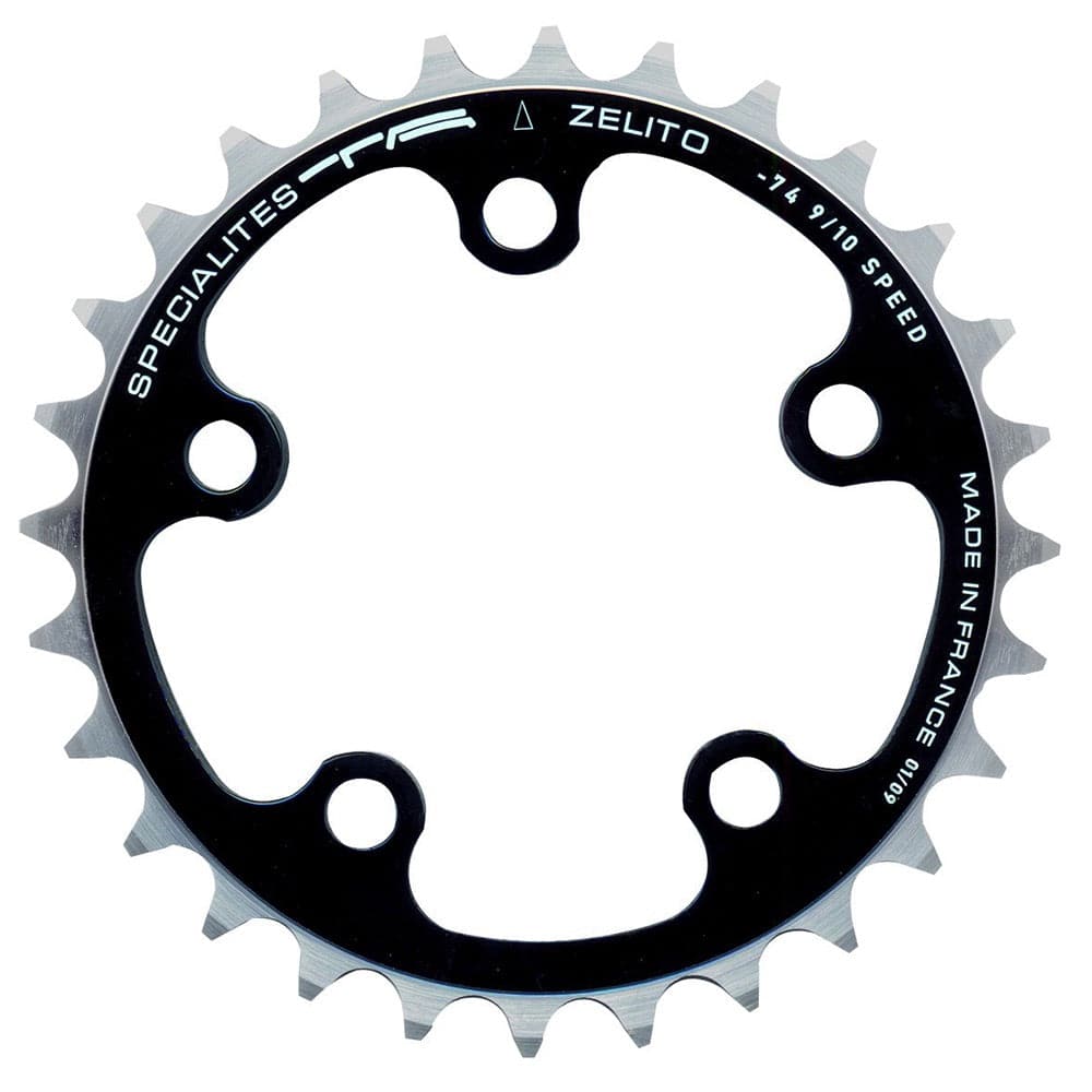 Specialites TA 74pcd 5-arm chainring for 8/9/10-speed triple cranksets, shown in black with detailed teeth and mounting holes.