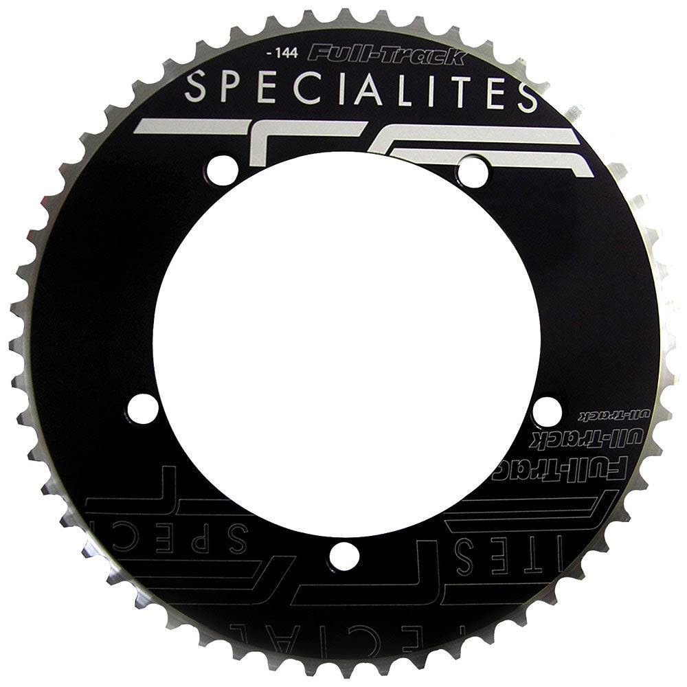 Specialites TA full-track chainring with 144 PCD and 1/8" chain for track bikes, available in 46-52T size, showcasing teeth and design.