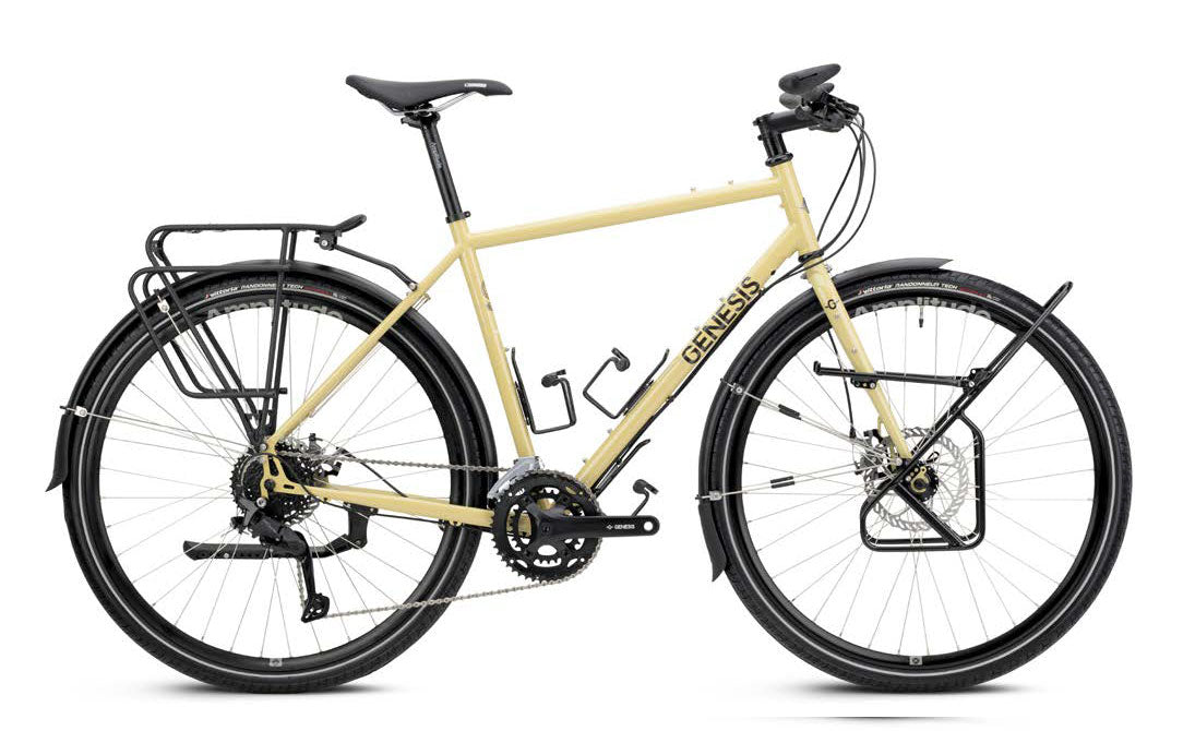 Genesis Tour de Fer 10 2026 touring bike with Shimano Cues 2x9-speed drivetrain, front and rear racks, ready for adventure.