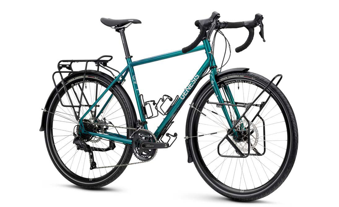 Genesis Tour de Fer 20 2026 touring bike with Shimano 2x9-speed drivetrain and rear rack compatibility, shown with frame and components.