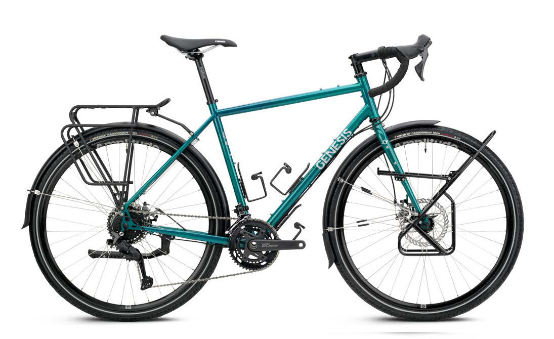 Genesis Tour de Fer 20 touring bike with Shimano 2x9-speed drivetrain, rear rack compatibility, and durable frame for long-distance riding.