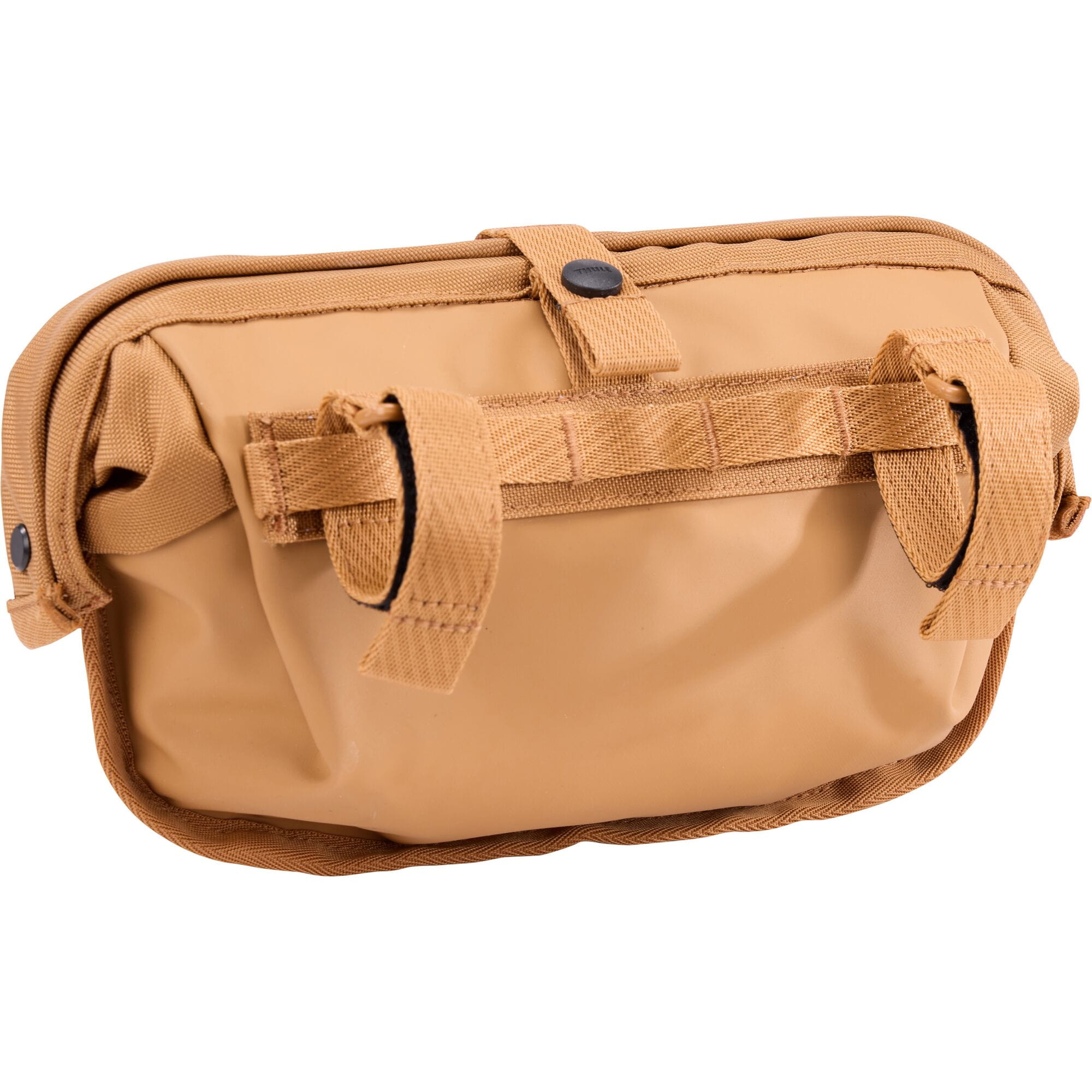 Thule Chasm Handlebar Bag 2L with removable pouch and water-resistant design, mounted on a bicycle handlebar.