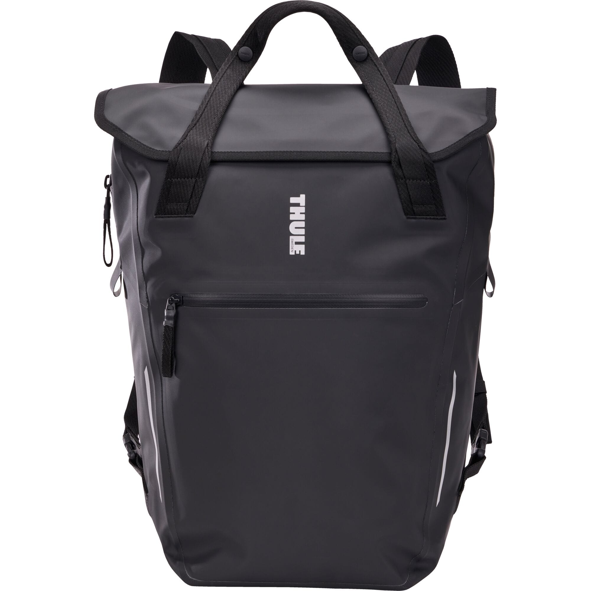 Thule Shield 23L waterproof backpack with InLock bike rack attachment, featuring secure straps and rugged outdoor design.
