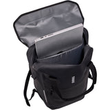 Thule Shield 23L waterproof backpack with InLock bike rack attachment, showing durable black fabric and secure attachment points.