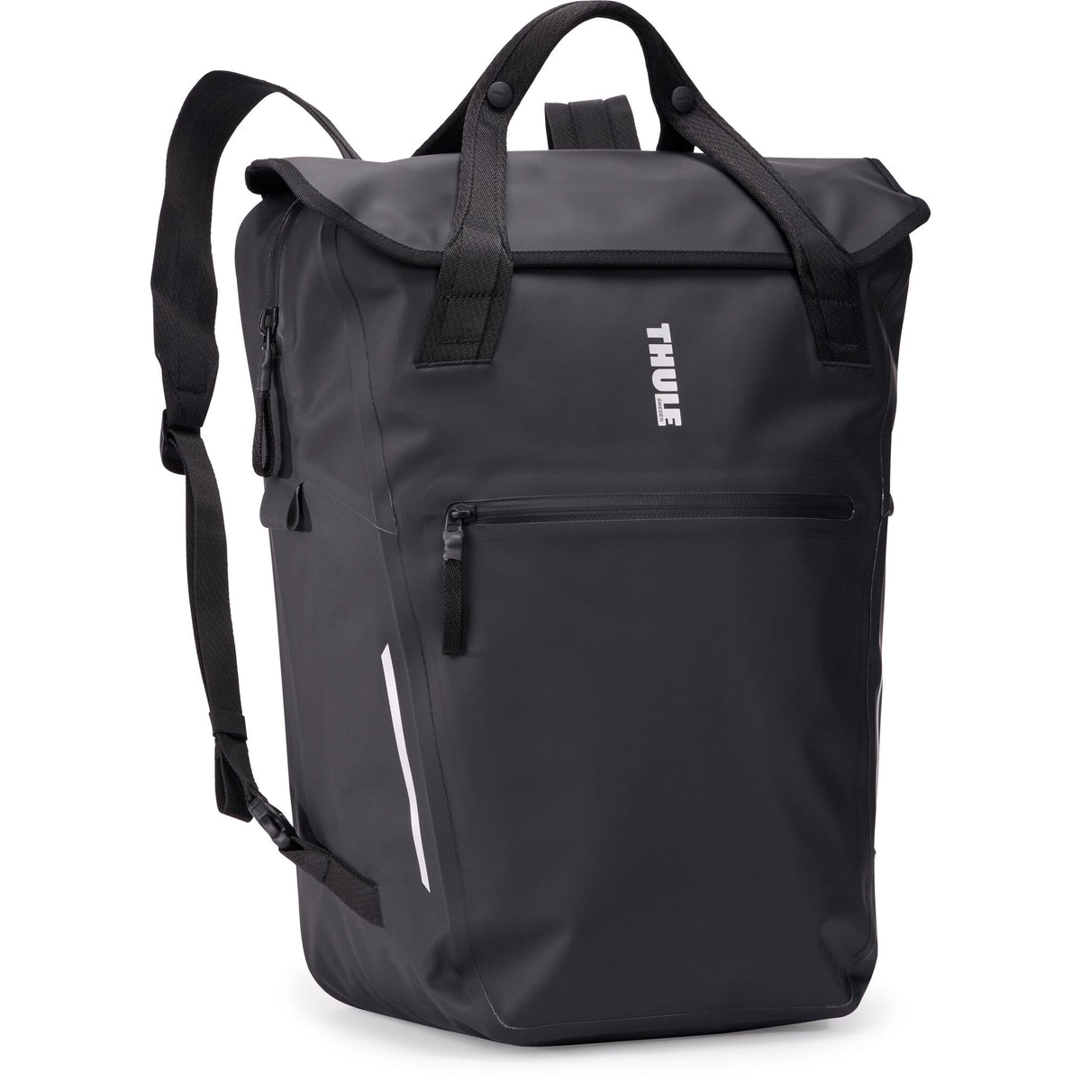 Thule Shield 23L waterproof backpack with InLock bike rack attachment, shown with secure straps and rugged design.