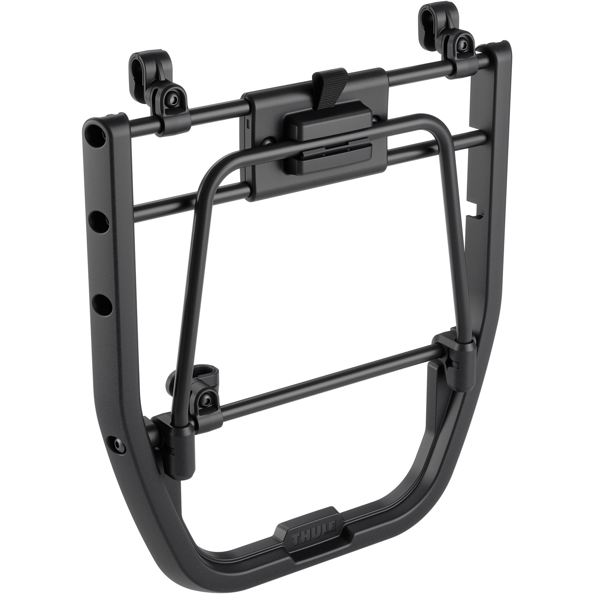 Thule InLock universal panel accessory for secure attachment of Thule bike bags and racks, shown in use on a bike.