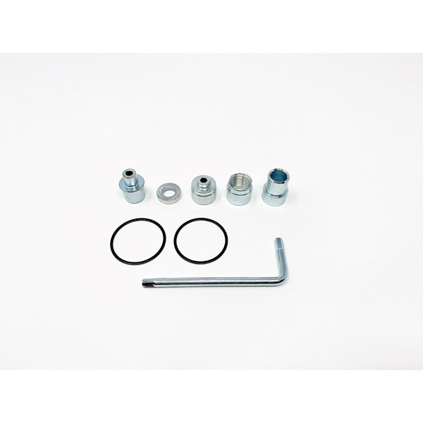 Elite axle inserts for direct drive trainer with 5mm washer adapter, shown with metal components and packaging.