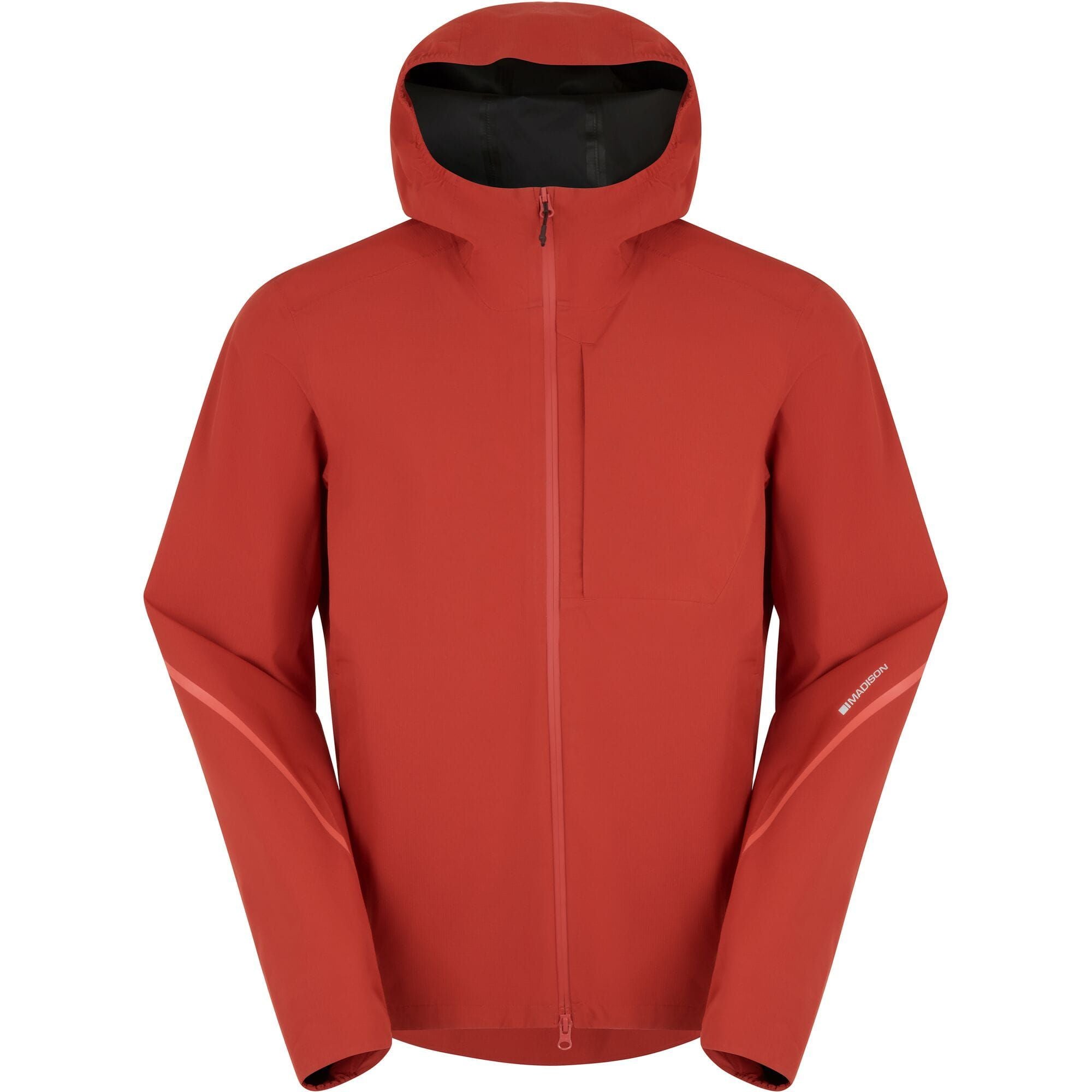 Madison Roam men's waterproof cycling jacket with breathable fabric, two-layer design, shown in dark color with zip closure and reflective details.